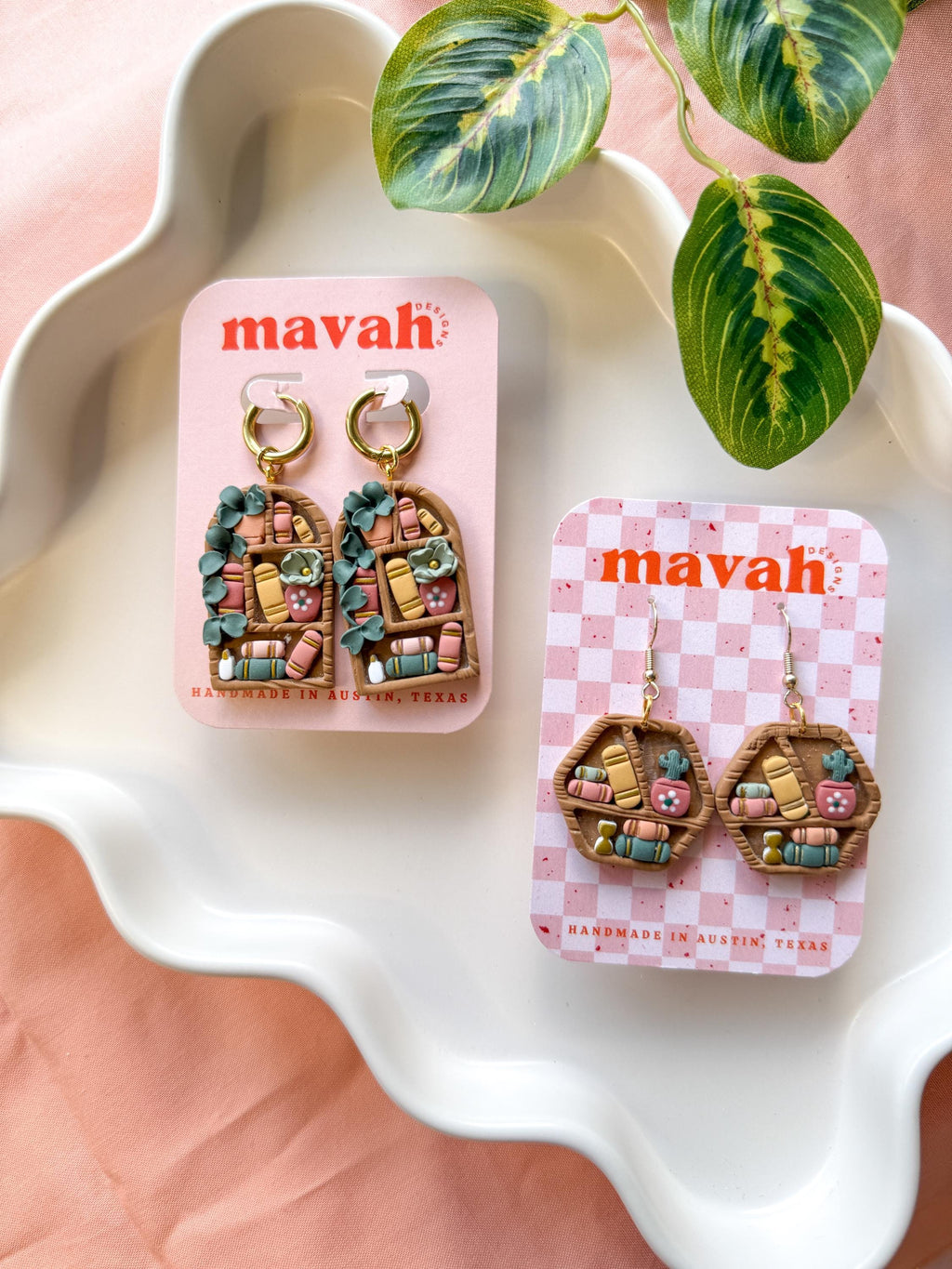 Bookshelf Earrings – Statement Book Lover Jewelry | Clay Bookshelf Dangles with Plants & Hexagon Shelves | Reader Gift