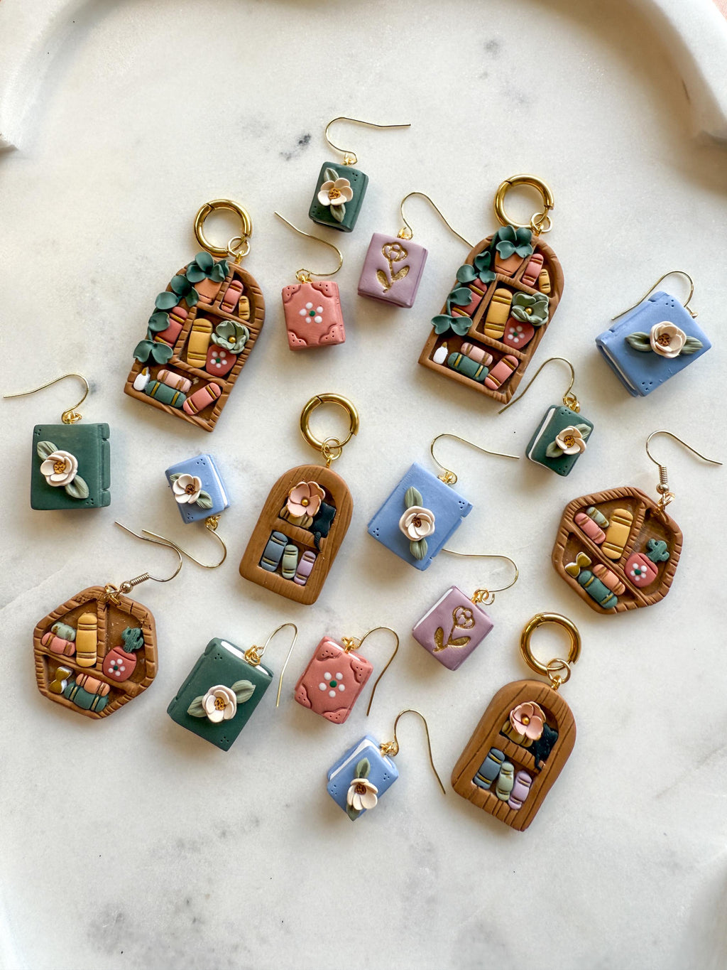 Bookshelf Earrings – Statement Book Lover Jewelry | Clay Bookshelf Dangles with Plants & Hexagon Shelves | Reader Gift