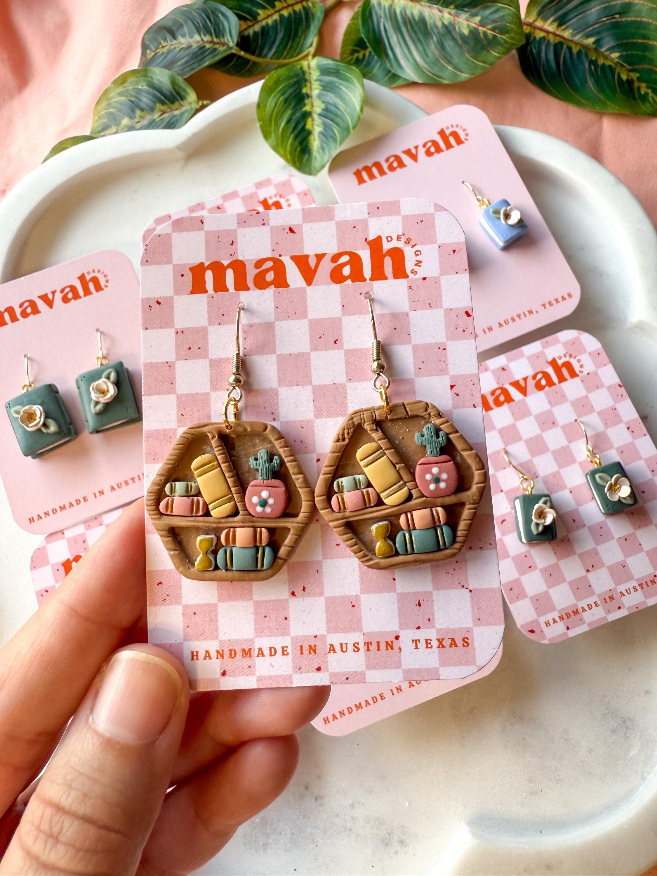 Bookshelf Earrings – Statement Book Lover Jewelry | Clay Bookshelf Dangles with Plants & Hexagon Shelves | Reader Gift