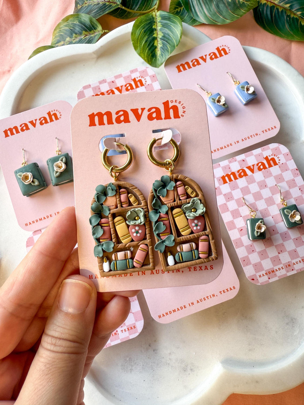 Bookshelf Earrings – Statement Book Lover Jewelry | Clay Bookshelf Dangles with Plants & Hexagon Shelves | Reader Gift