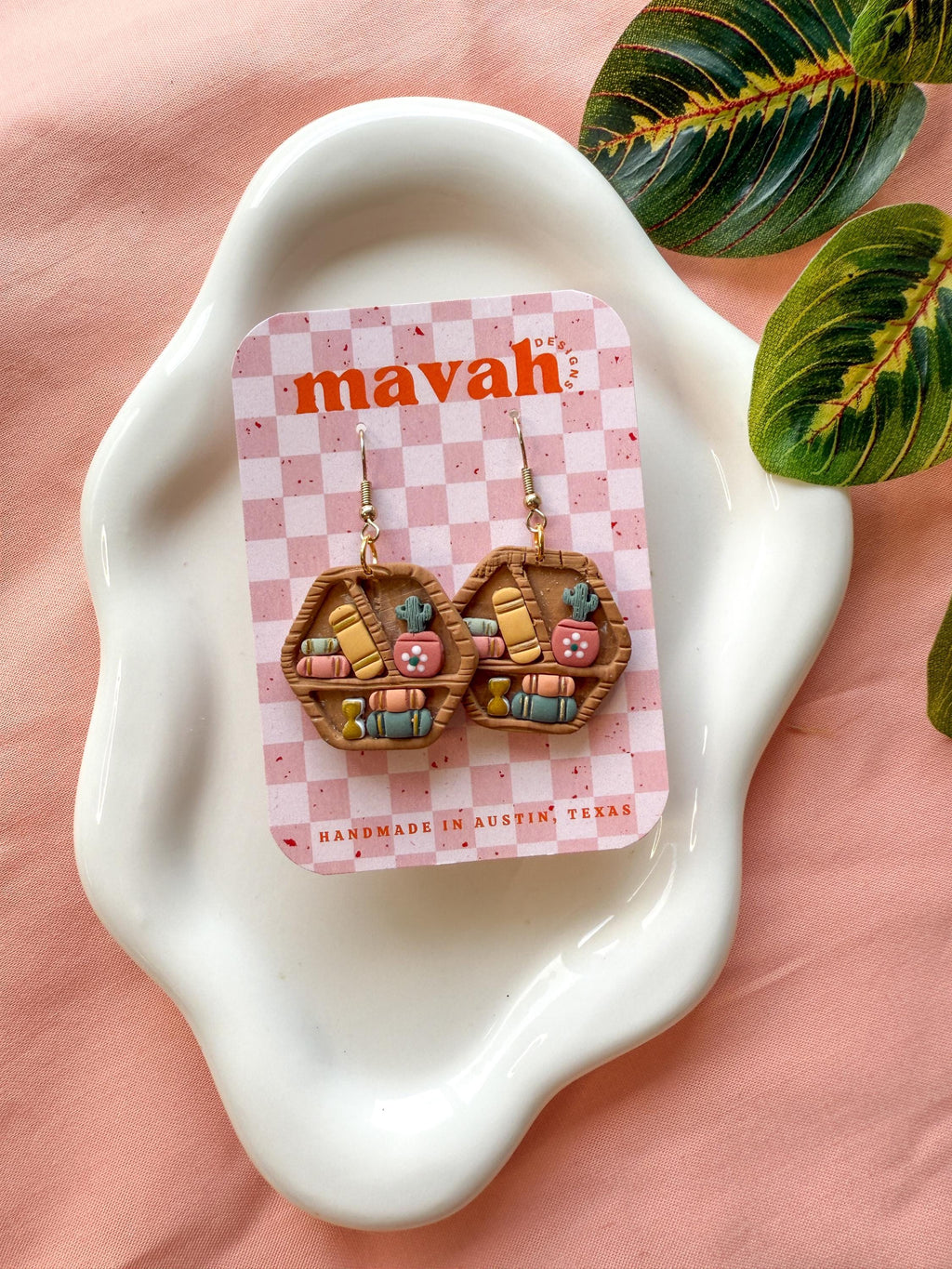 Bookshelf Earrings – Statement Book Lover Jewelry | Clay Bookshelf Dangles with Plants & Hexagon Shelves | Reader Gift