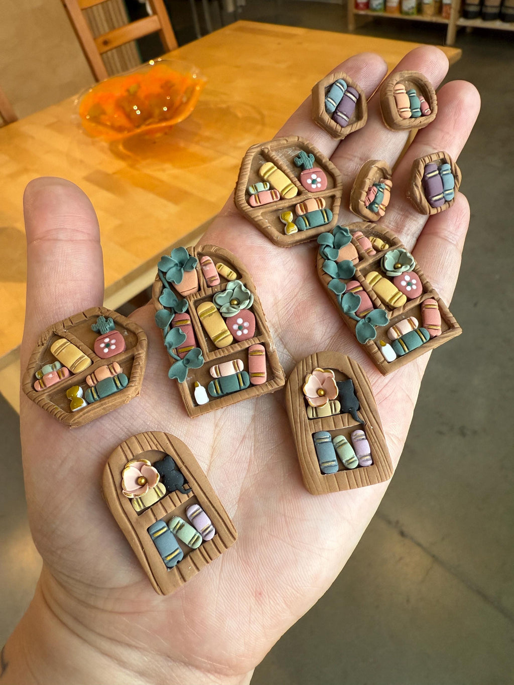 Bookshelf Earrings – Statement Book Lover Jewelry | Clay Bookshelf Dangles with Plants & Hexagon Shelves | Reader Gift