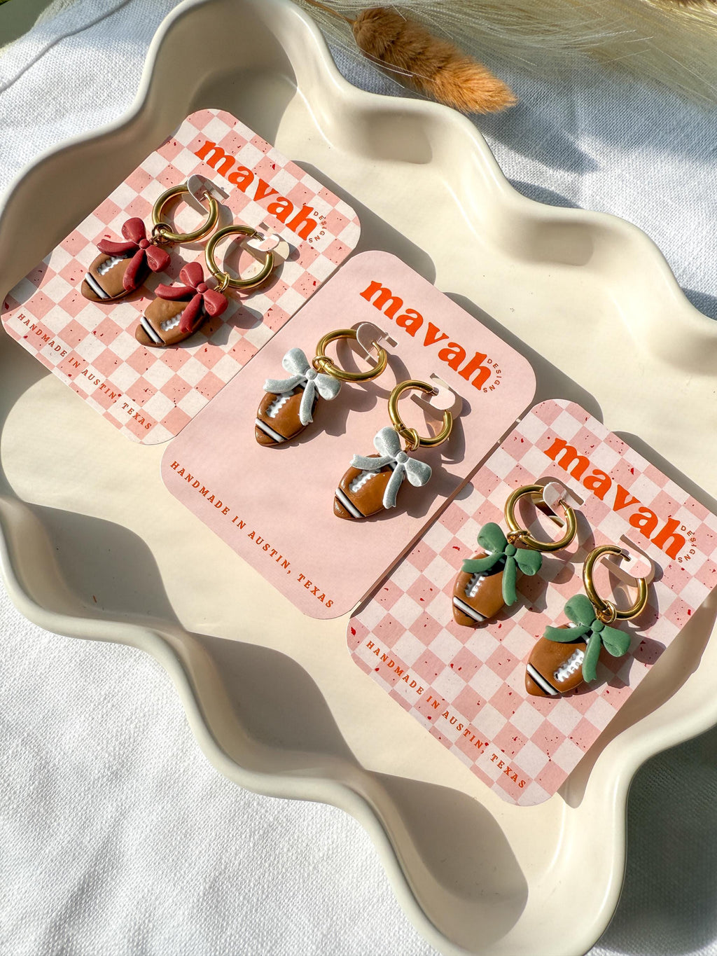 Football Bow Earrings: Polymer Clay Team Spirit Dangles - Texas & NFL