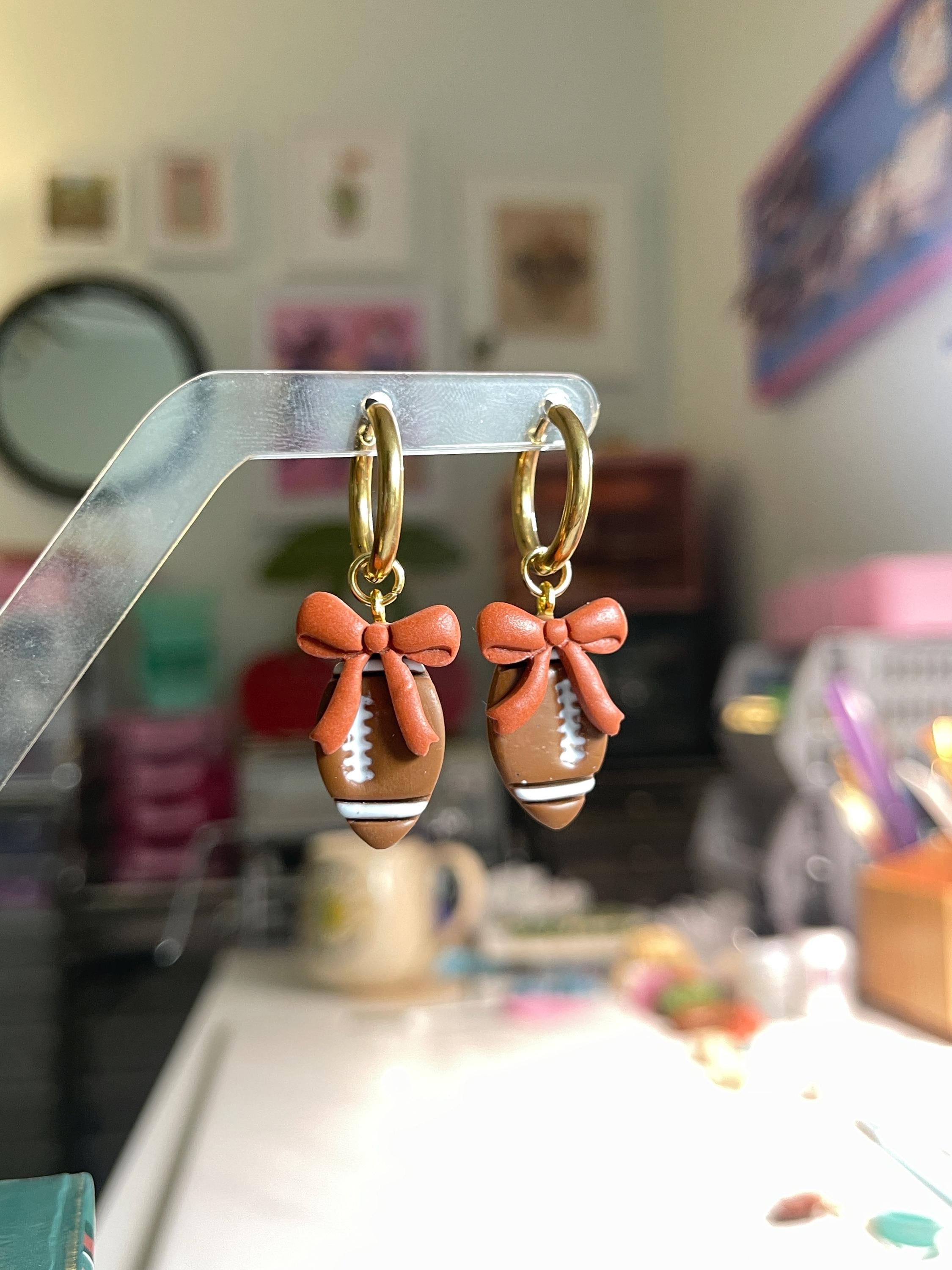 Football Bow Earrings: Polymer Clay Team Spirit Dangles - Texas & NFL
