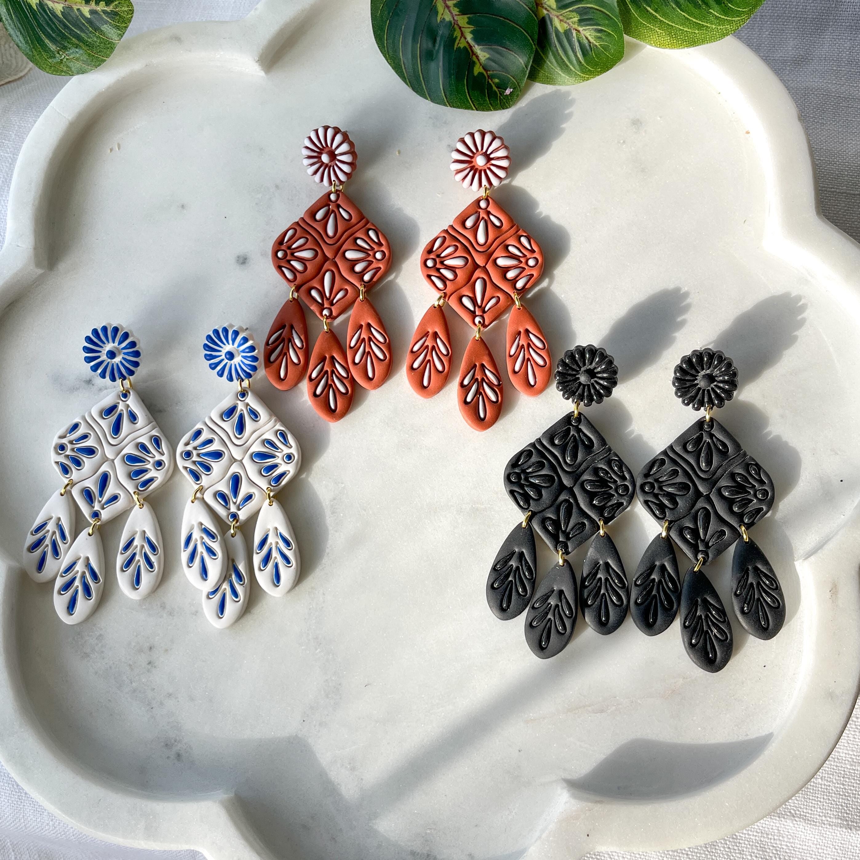 Hand-Painted Talavera Earrings: Floral Dangle, Mexican Folk Art