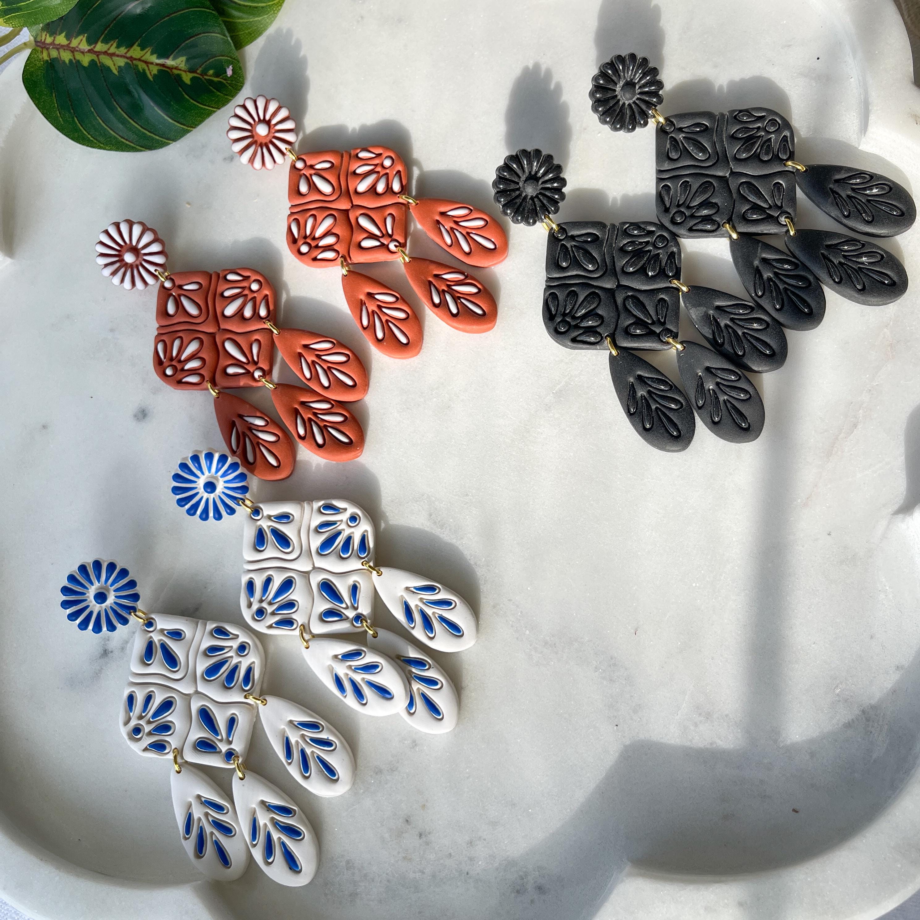 Hand-Painted Talavera Earrings: Floral Dangle, Mexican Folk Art