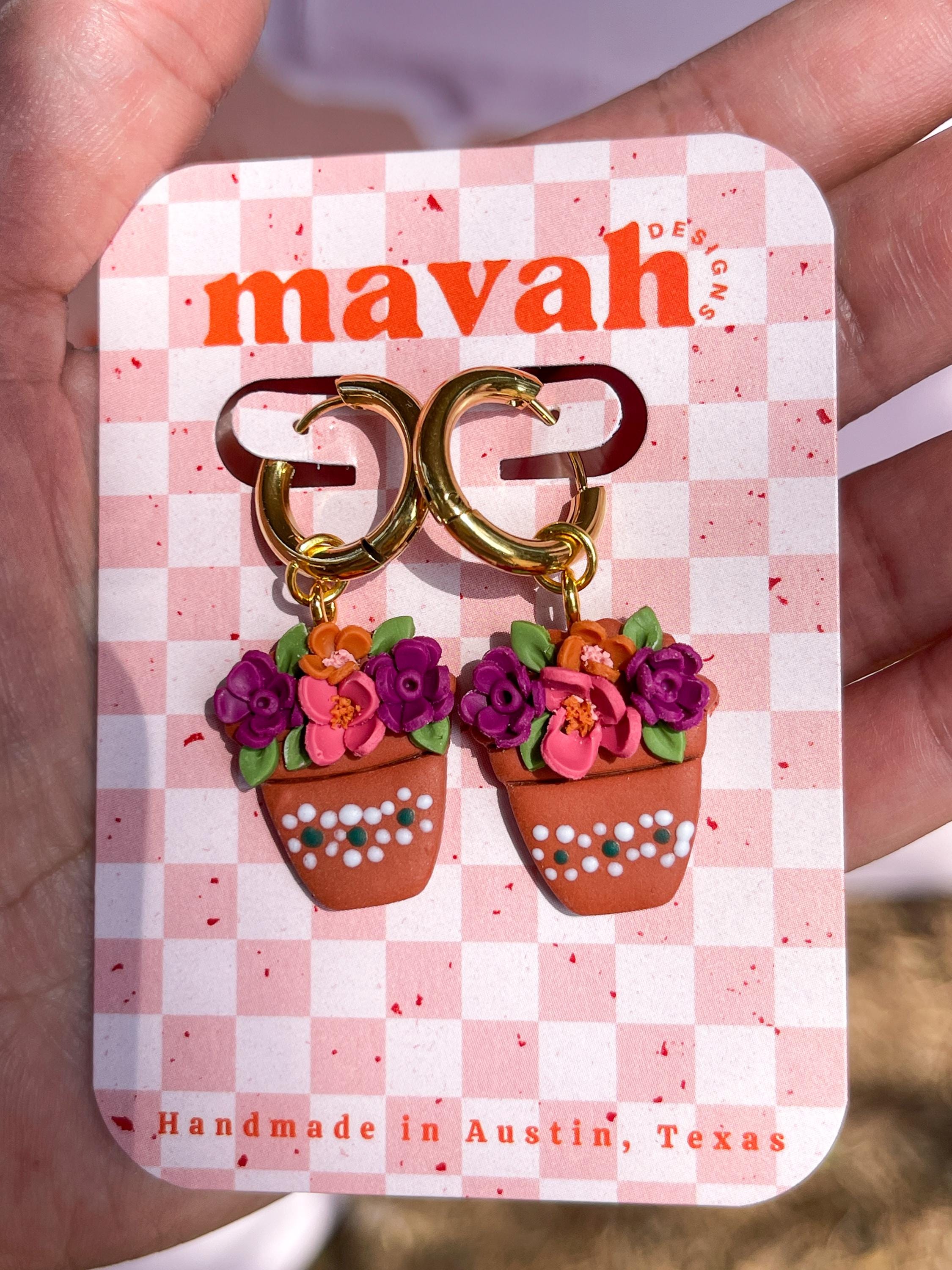 Handmade Mexican Flower Pot Earrings: Gold-Plated Hoop Earrings