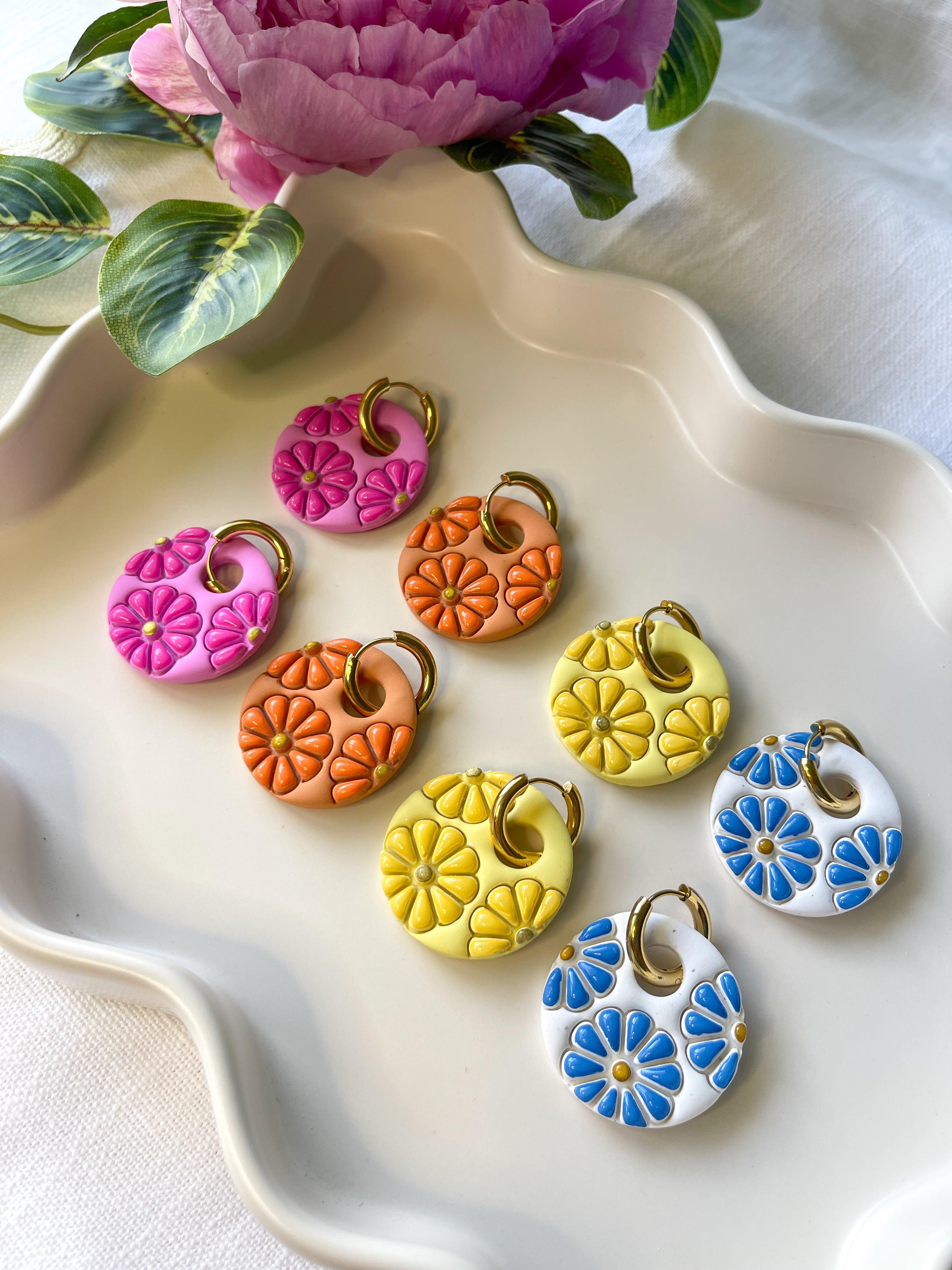 Fiesta Blooms Polymer Clay Earrings | Bright Floral Hoops