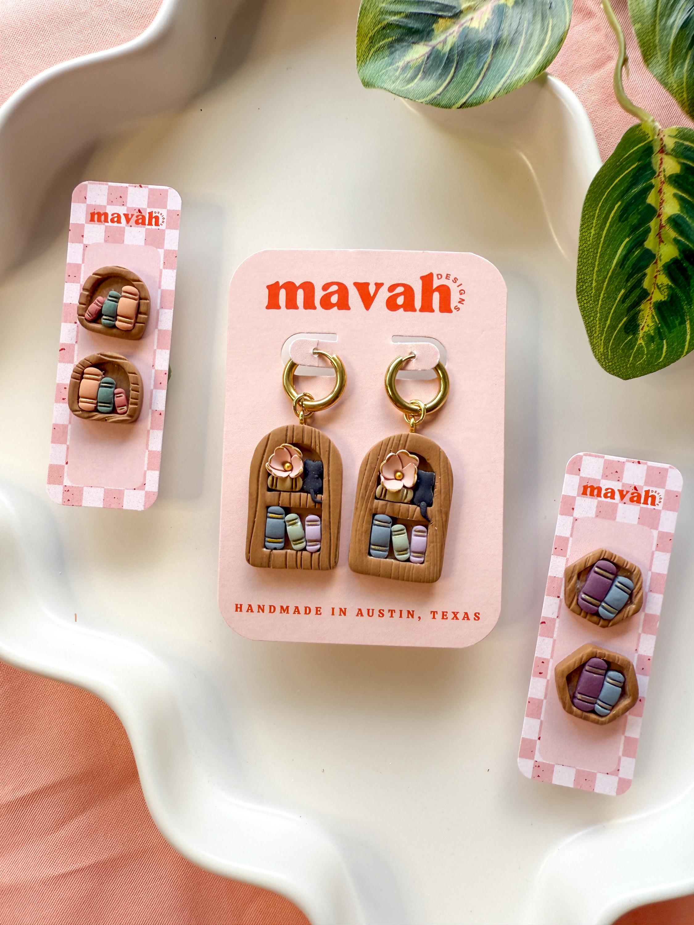 Mini Book Earrings – Clay Book Studs & Small Cat Bookshelf Earrings | Book Lover Jewelry | Teacher Gift | Reader Accessories