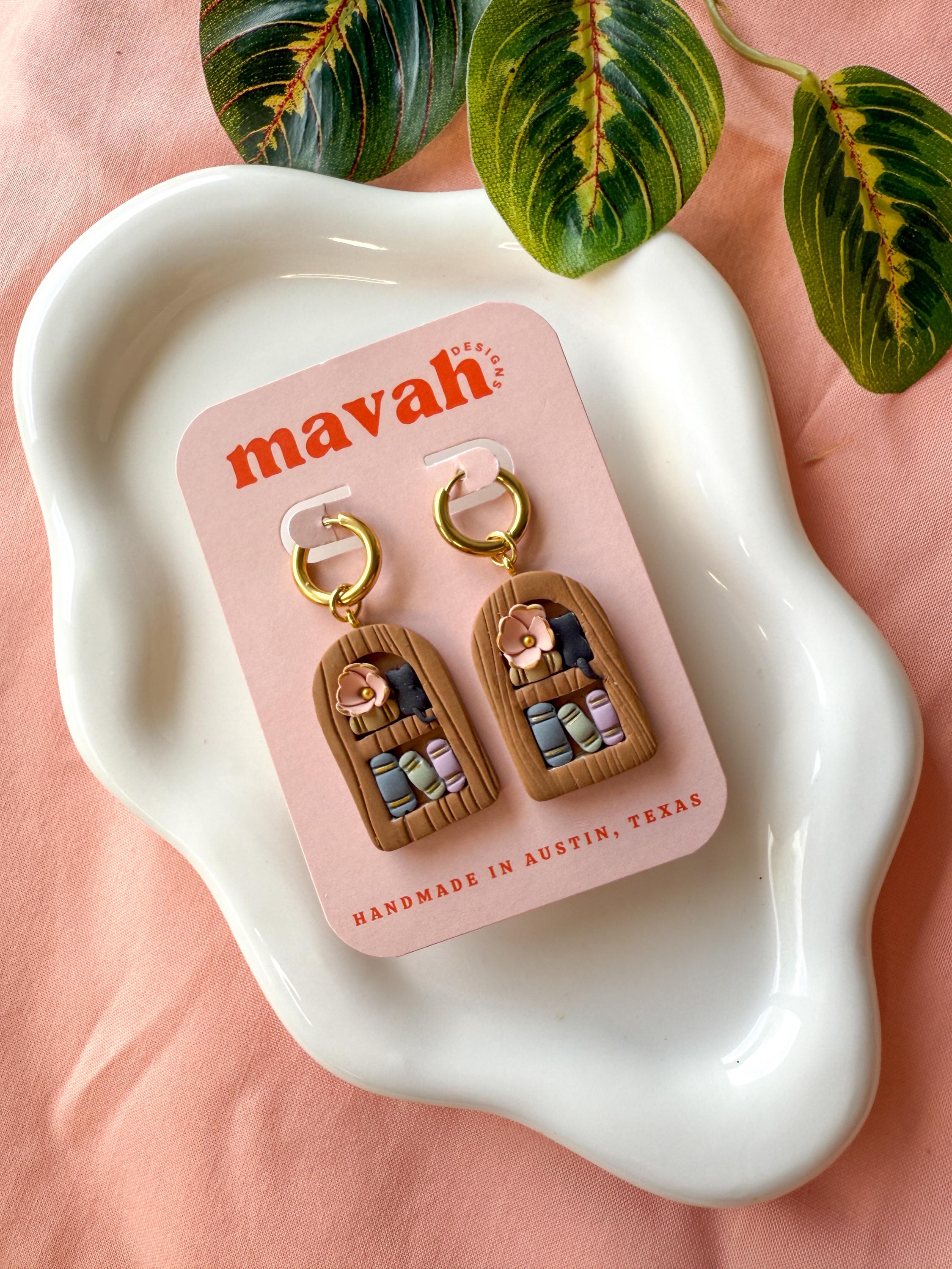 Mini Book Earrings – Clay Book Studs & Small Cat Bookshelf Earrings | Book Lover Jewelry | Teacher Gift | Reader Accessories