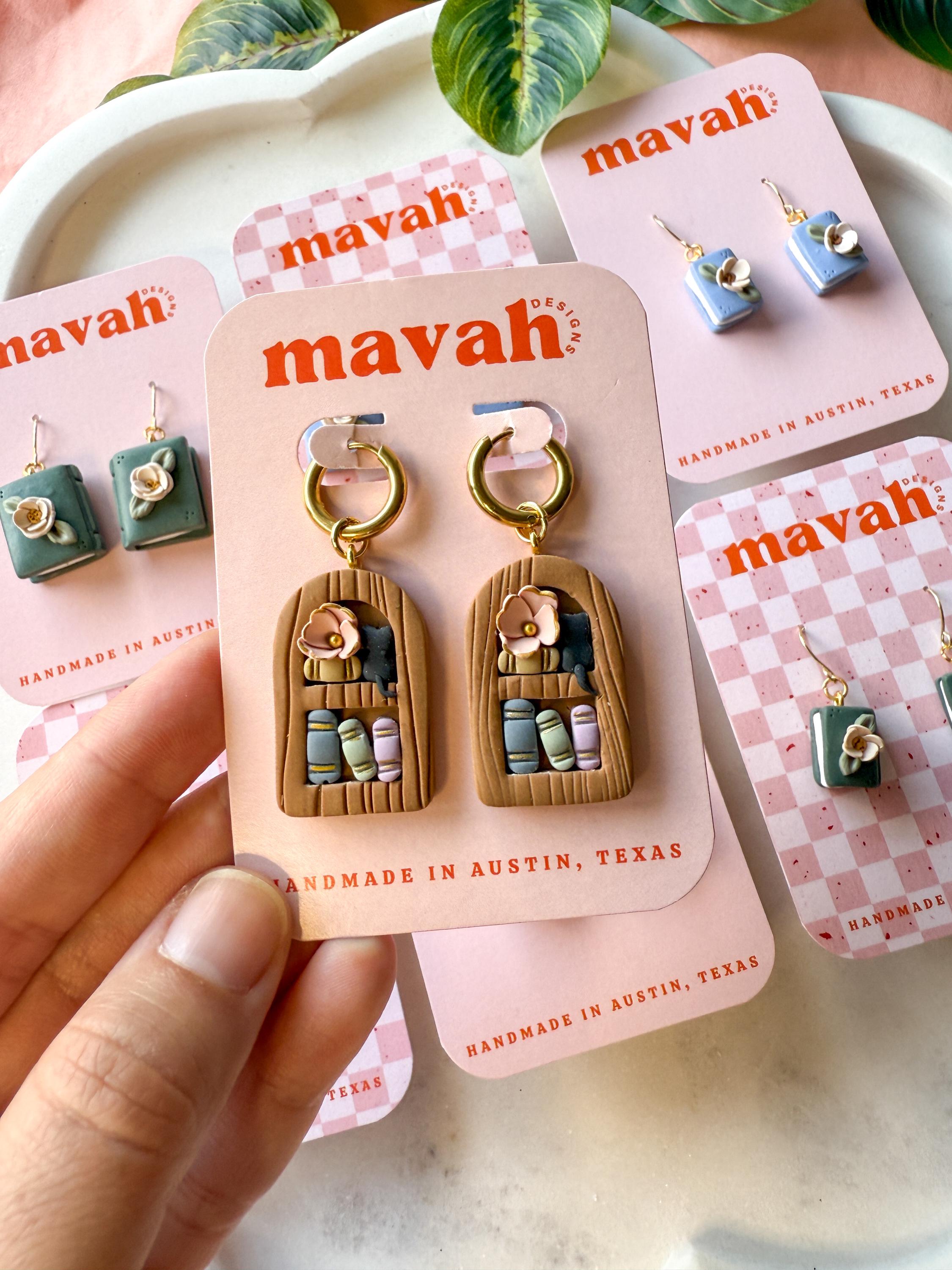 Mini Book Earrings – Clay Book Studs & Small Cat Bookshelf Earrings | Book Lover Jewelry | Teacher Gift | Reader Accessories