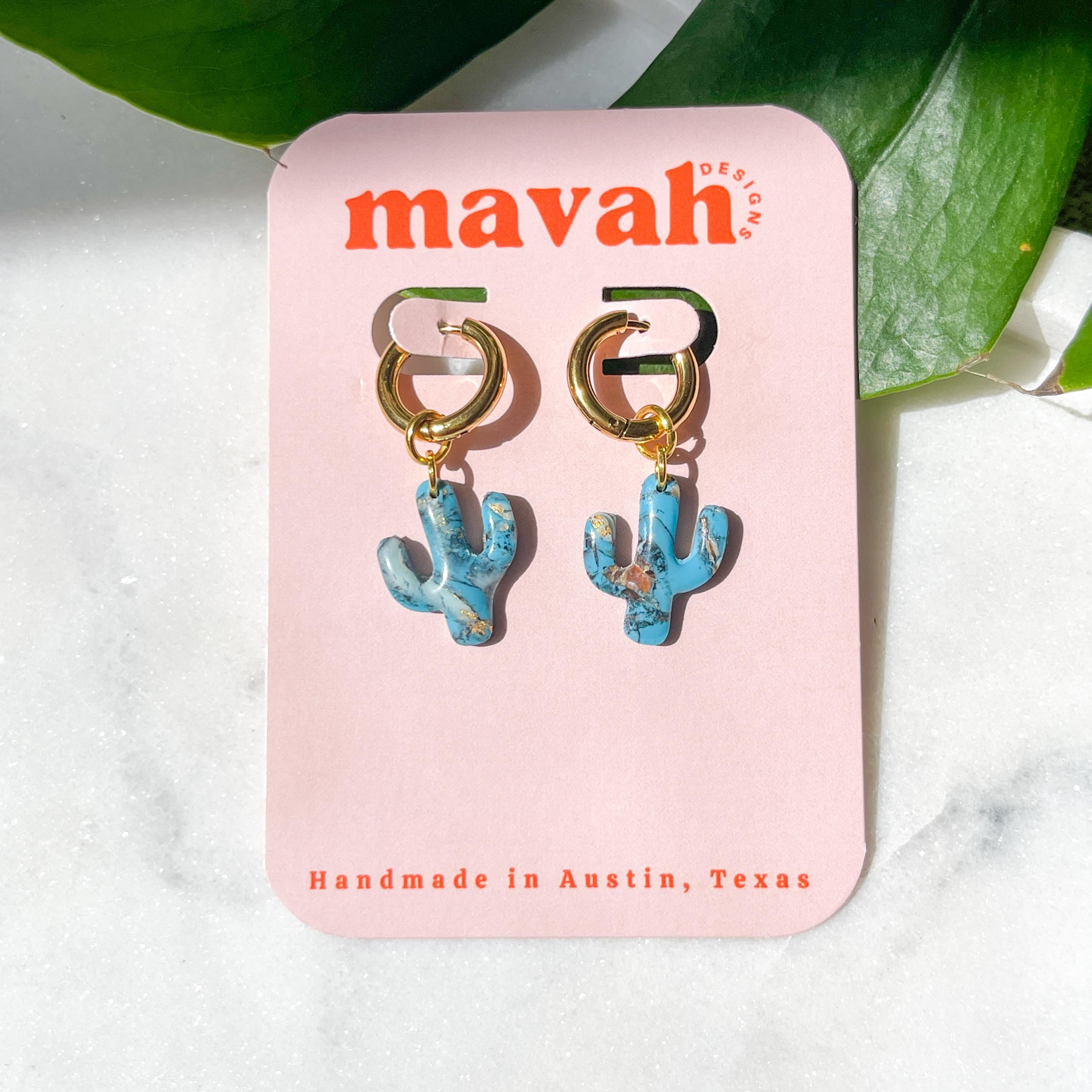 Saguaro Cactus Turquoise Huggie Earrings: 18K Gold-Plated Hoops