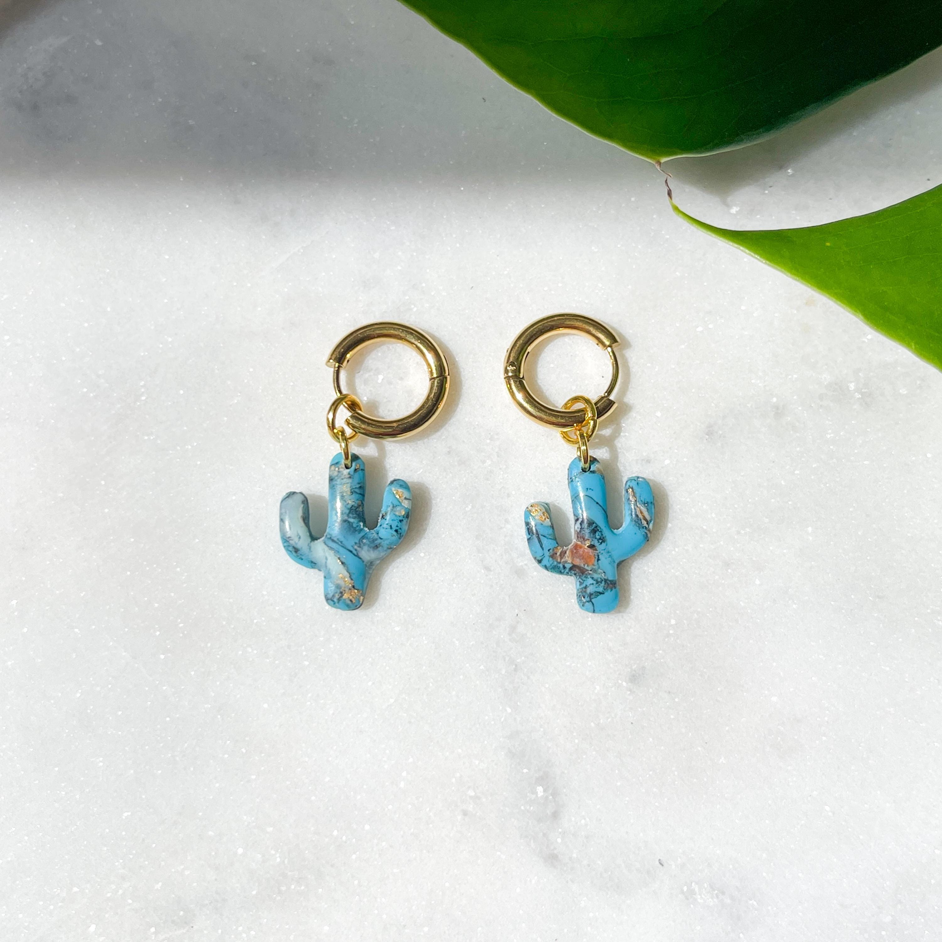 Saguaro Cactus Turquoise Huggie Earrings: 18K Gold-Plated Hoops