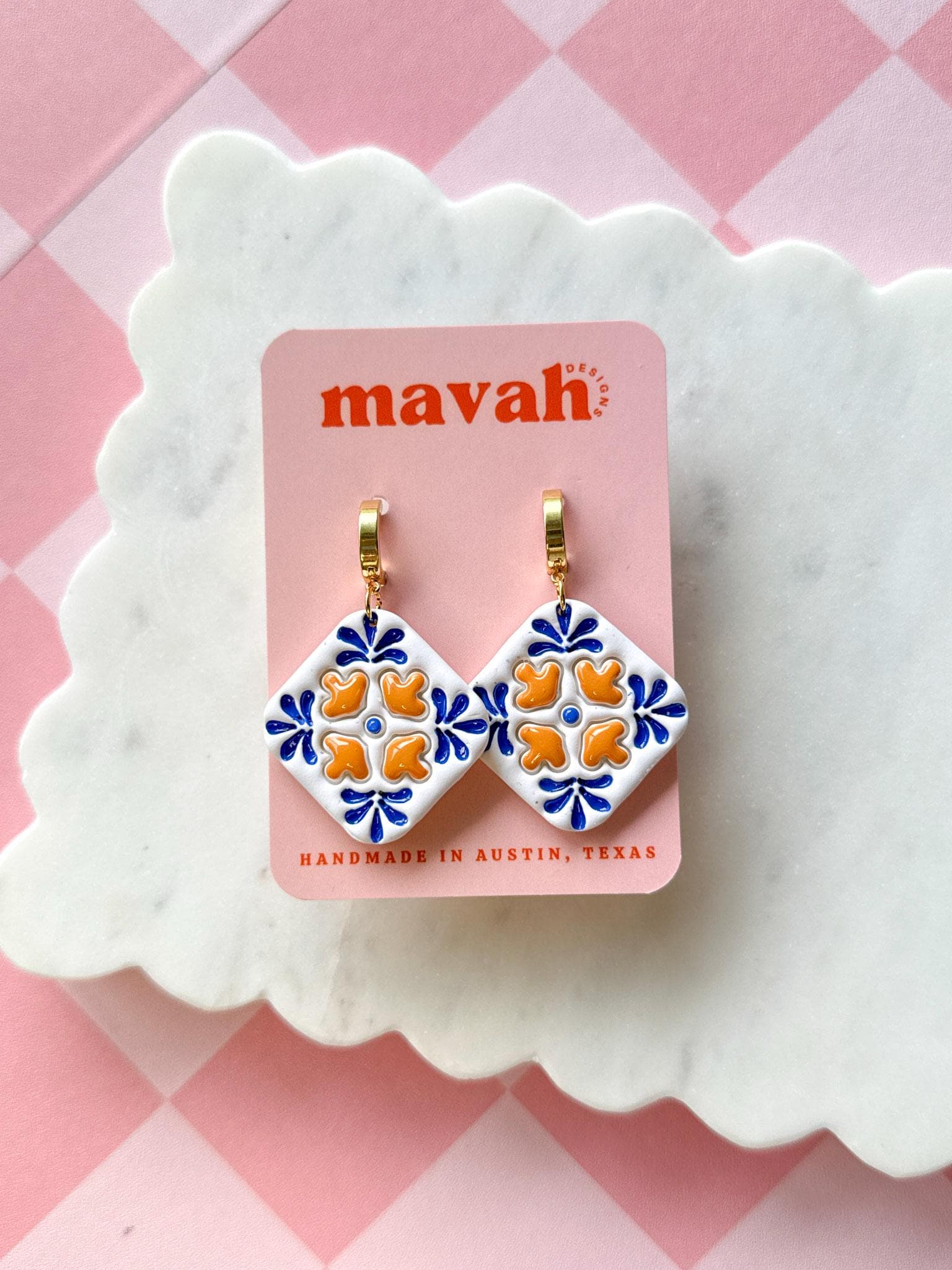 Talavera Tile Earrings Mexican Tile Earrings Handmade Polymer Clay Earrings Blue Orange Statement Earrings __etsy:8134652439