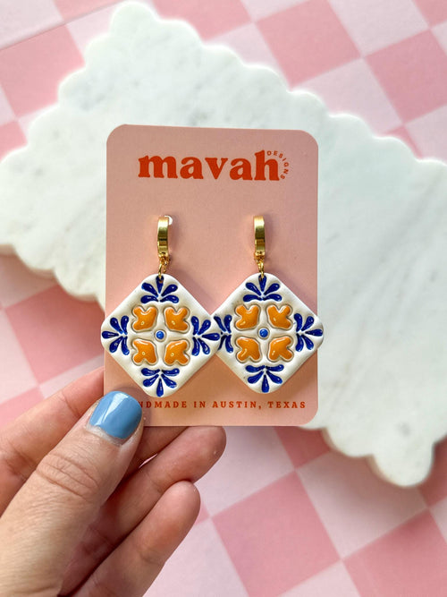 Talavera Tile Earrings Mexican Tile Earrings Handmade Polymer Clay Earrings Blue Orange Statement Earrings __etsy:8086746092