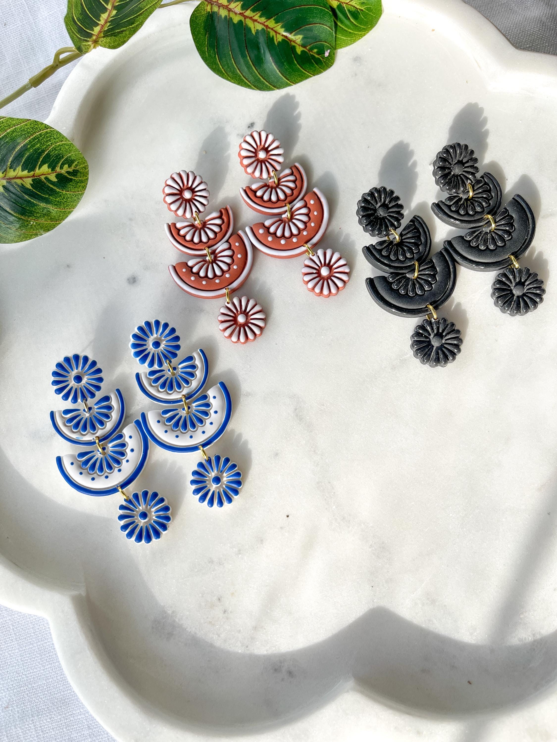 Triple Daisy Fan Earrings – Talavera-Inspired Polymer Clay Statement Dangles