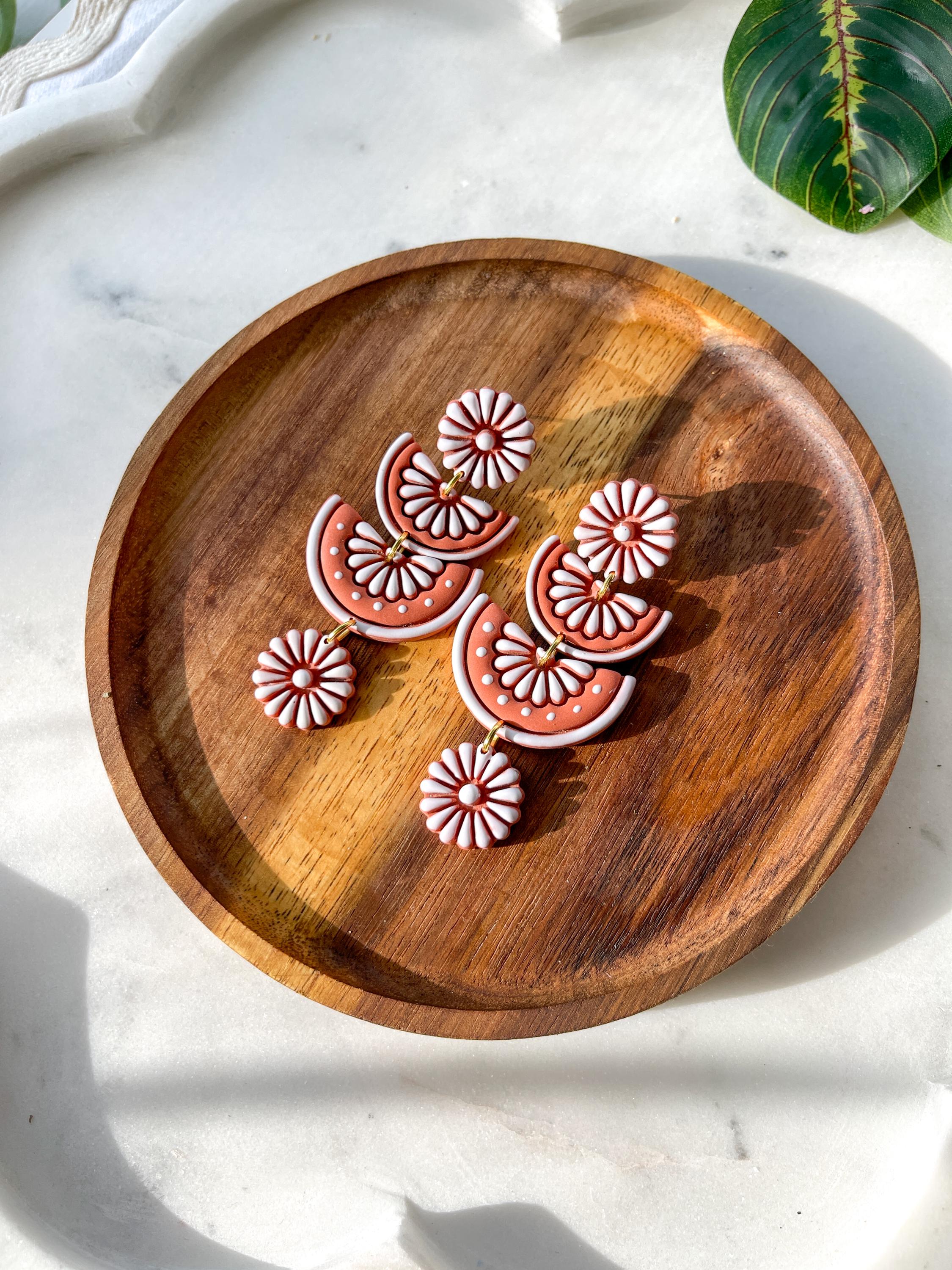 Triple Daisy Fan Earrings – Talavera-Inspired Polymer Clay Statement Dangles