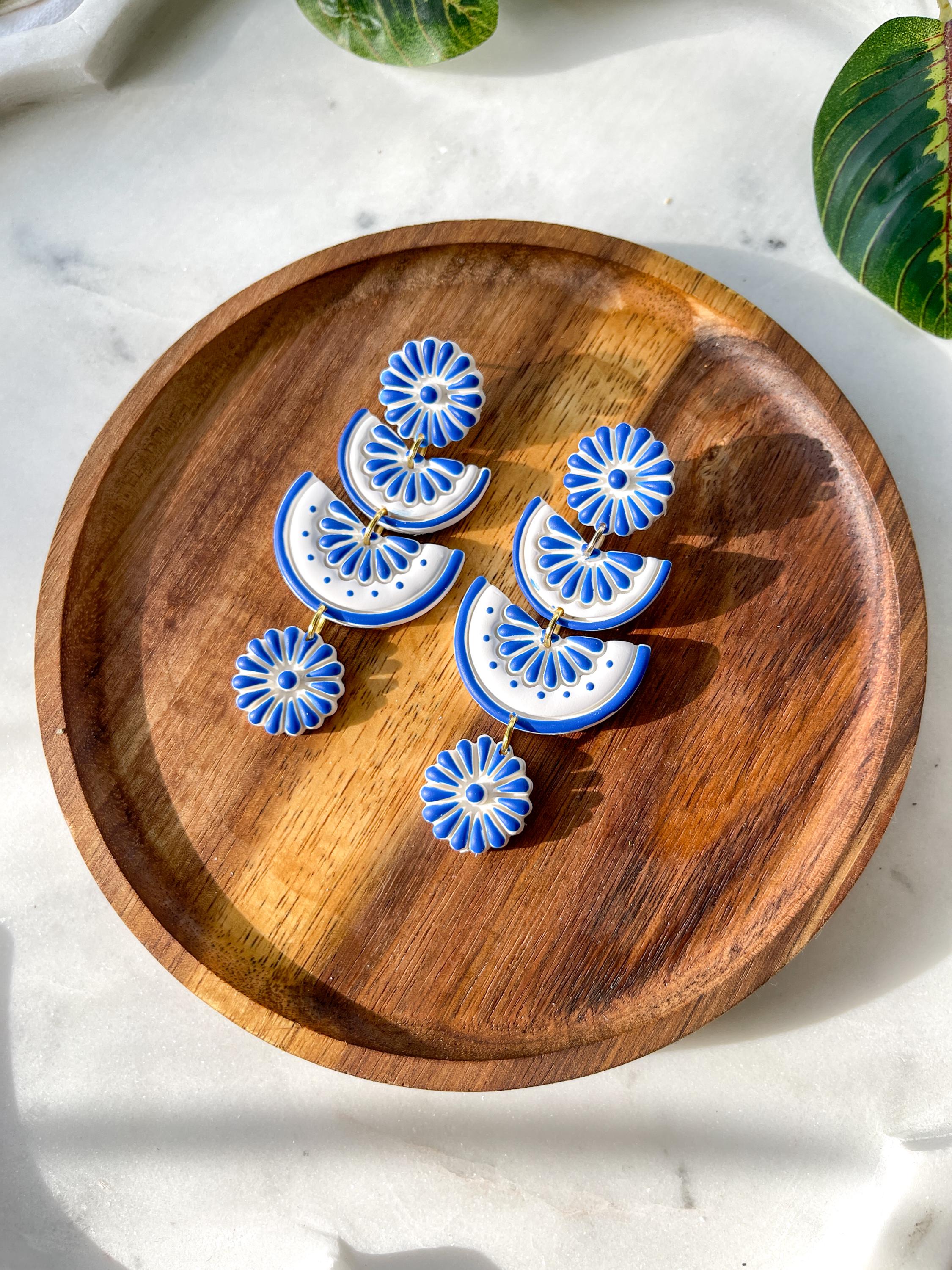 Triple Daisy Fan Earrings – Talavera-Inspired Polymer Clay Statement Dangles