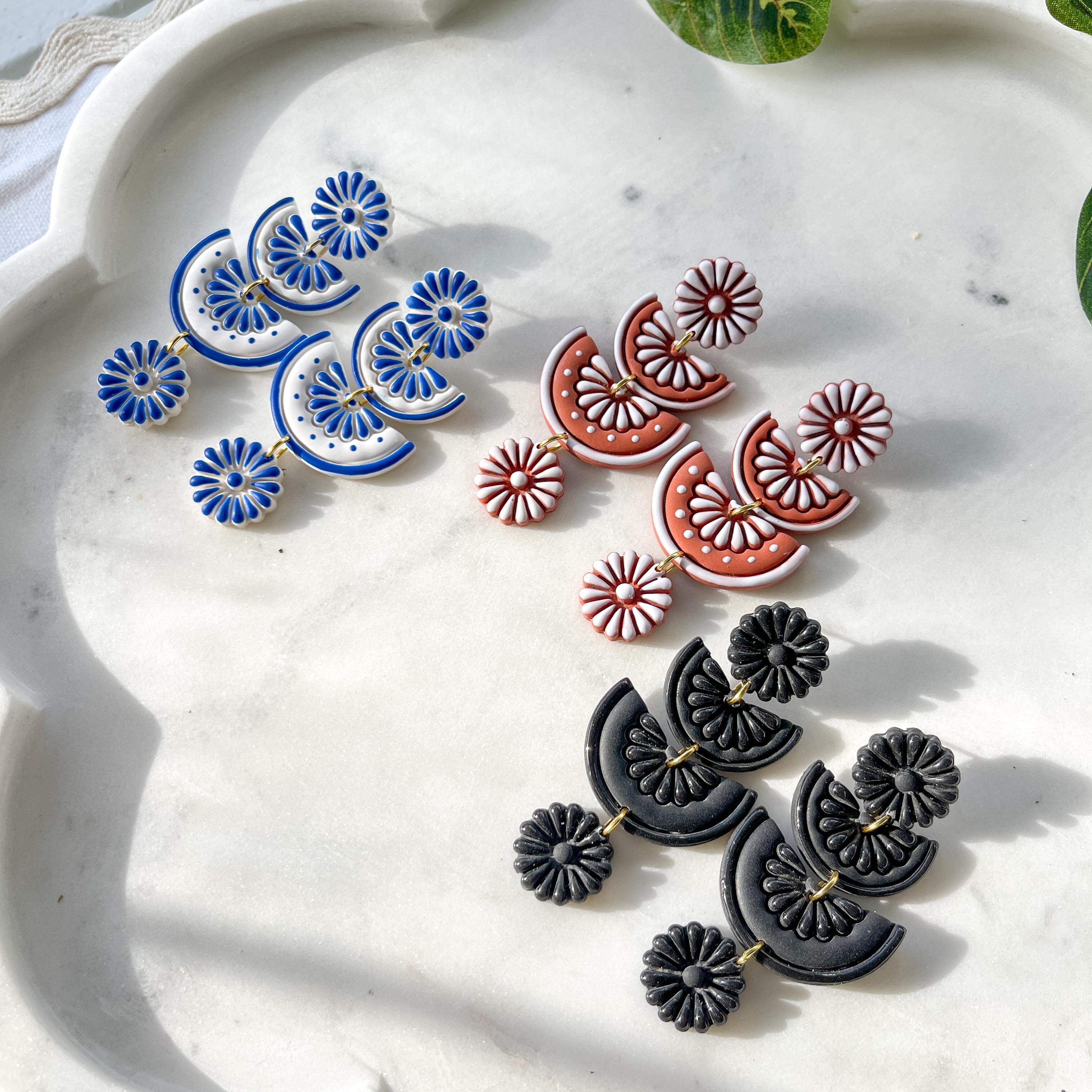 Triple Daisy Fan Earrings – Talavera-Inspired Polymer Clay Statement Dangles