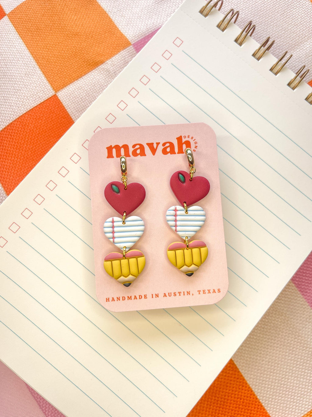 Teacher Heart Earrings | Apple, Paper, Pencil Trio | Back to School Huggie Dangle Earrings | Polymer Clay