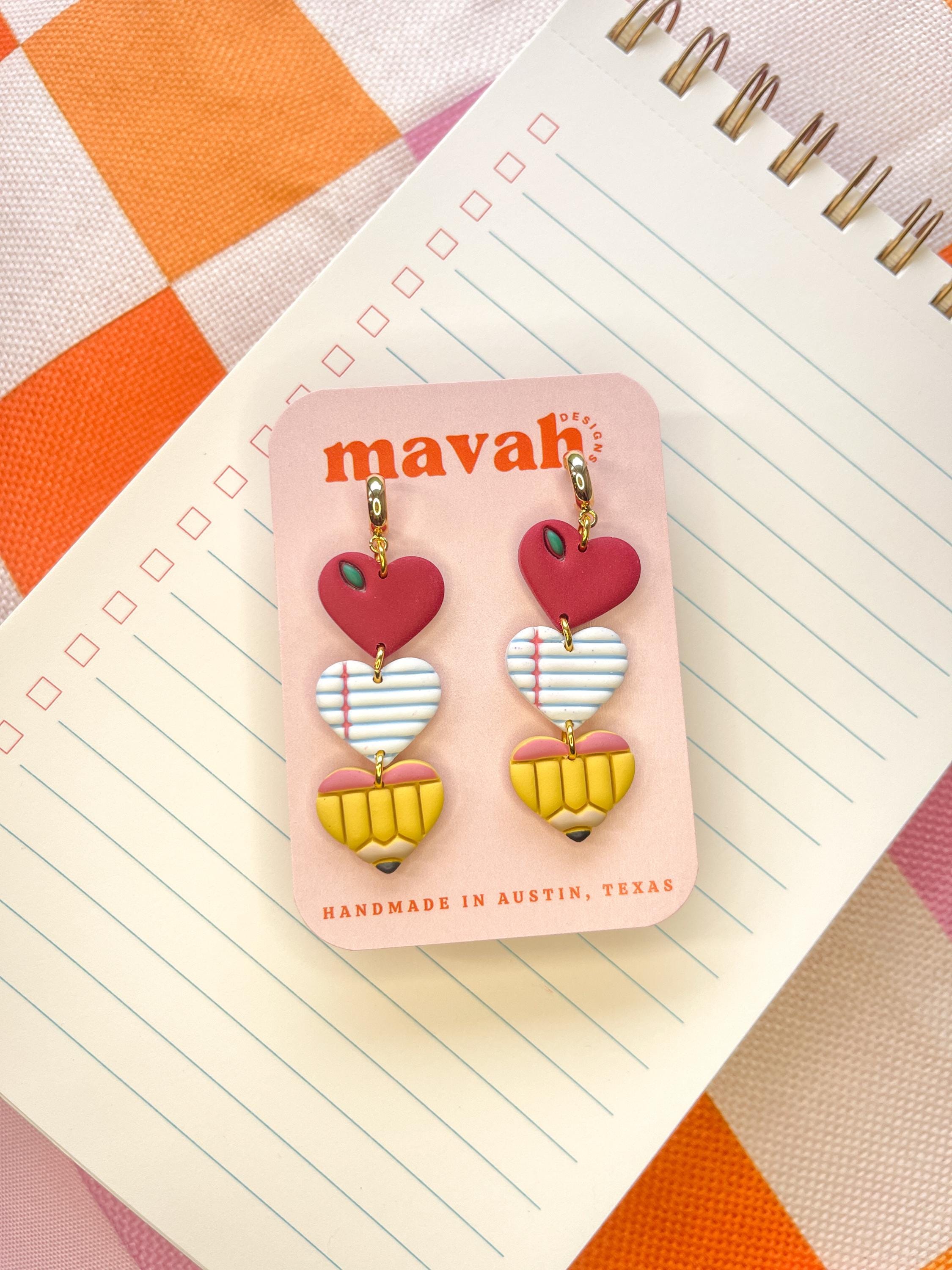 Teacher Heart Earrings | Apple, Paper, Pencil Trio | Back to School Huggie Dangle Earrings | Polymer Clay