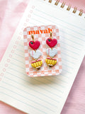 Teacher Heart Earrings | Apple, Paper, Pencil Trio | Back to School Huggie Dangle Earrings | Polymer Clay
