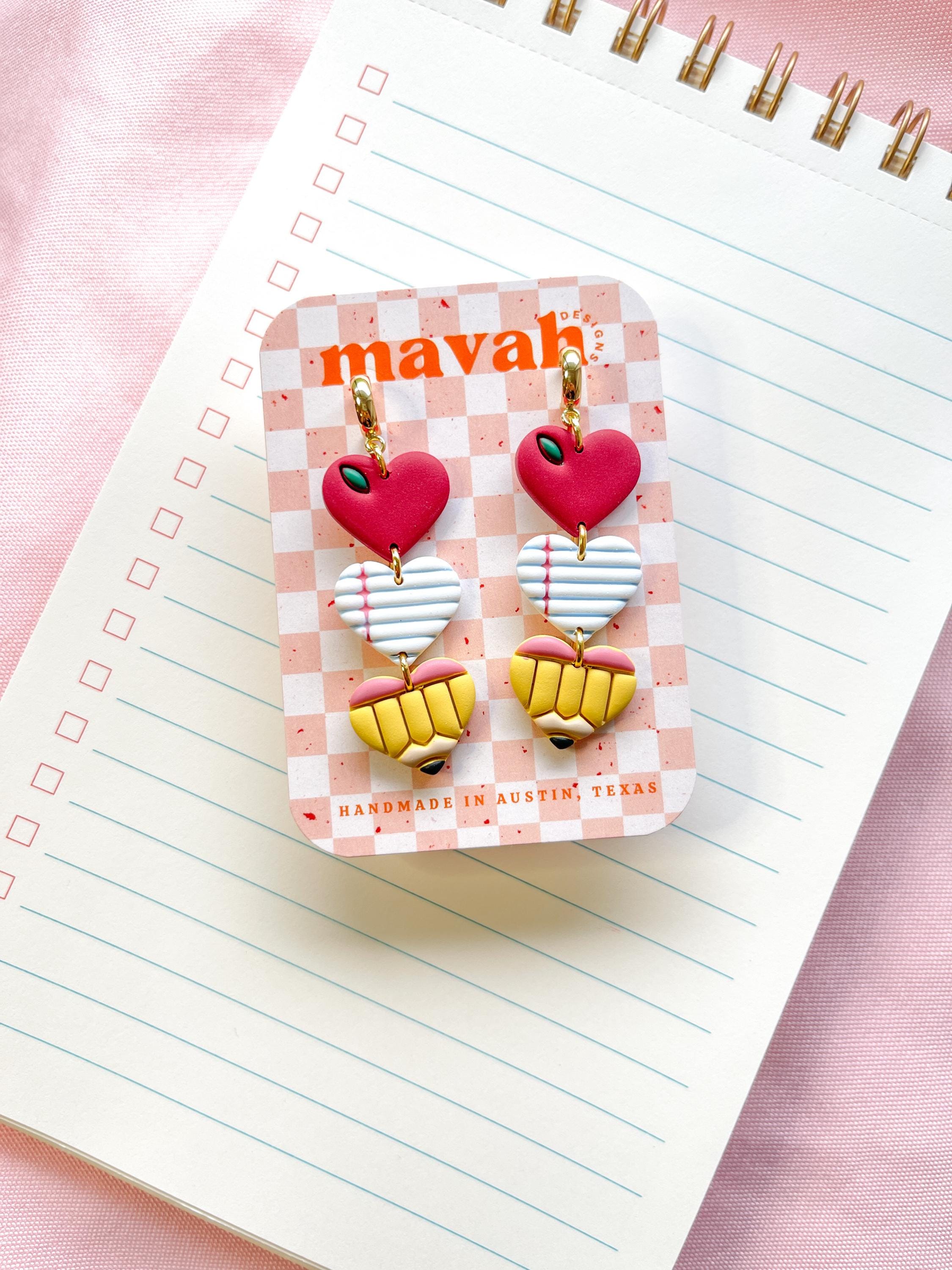 Teacher Heart Earrings | Apple, Paper, Pencil Trio | Back to School Huggie Dangle Earrings | Polymer Clay