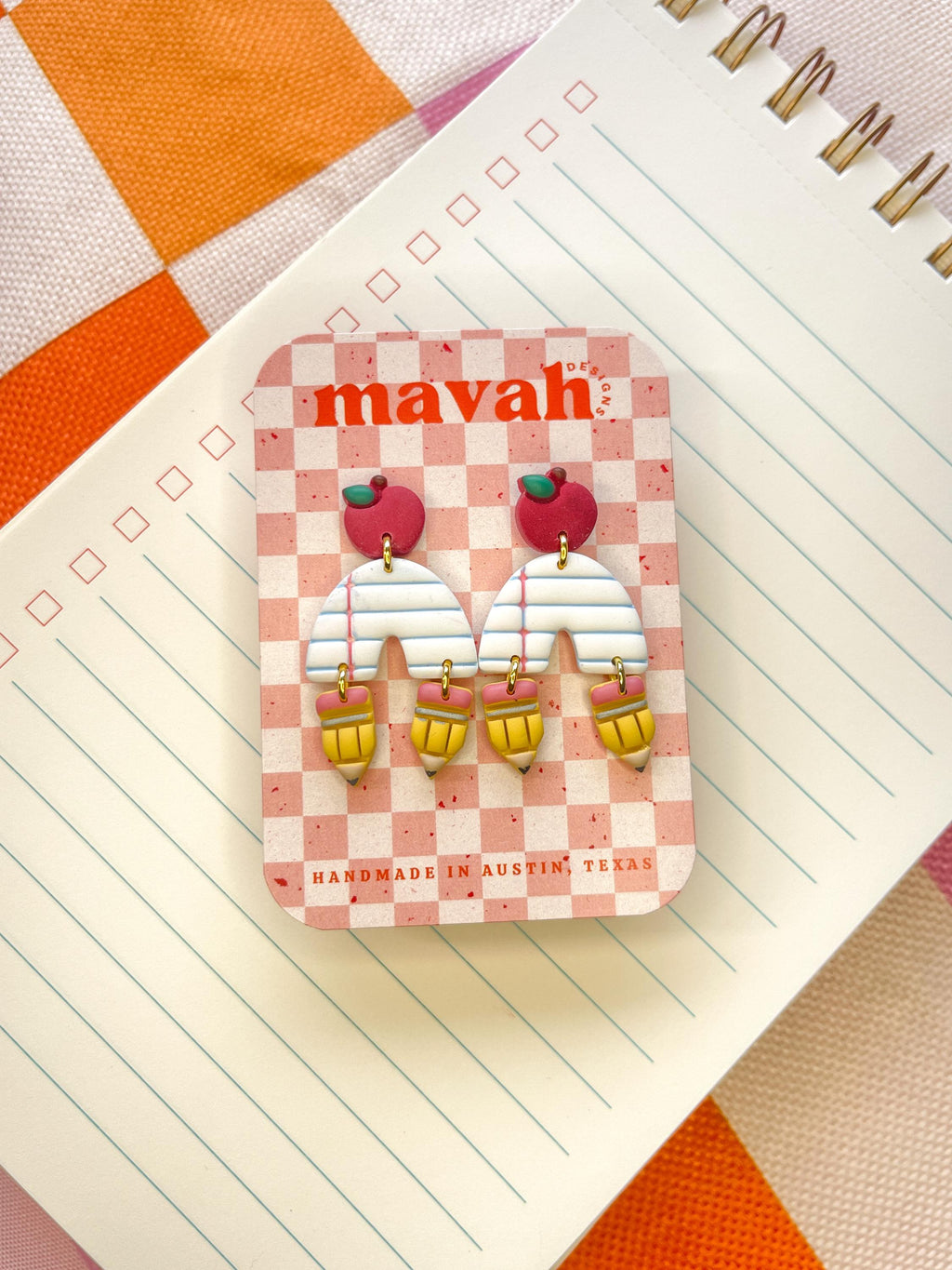 Teacher Earrings: Apple Studs, Notebook Paper, Pencil Dangles