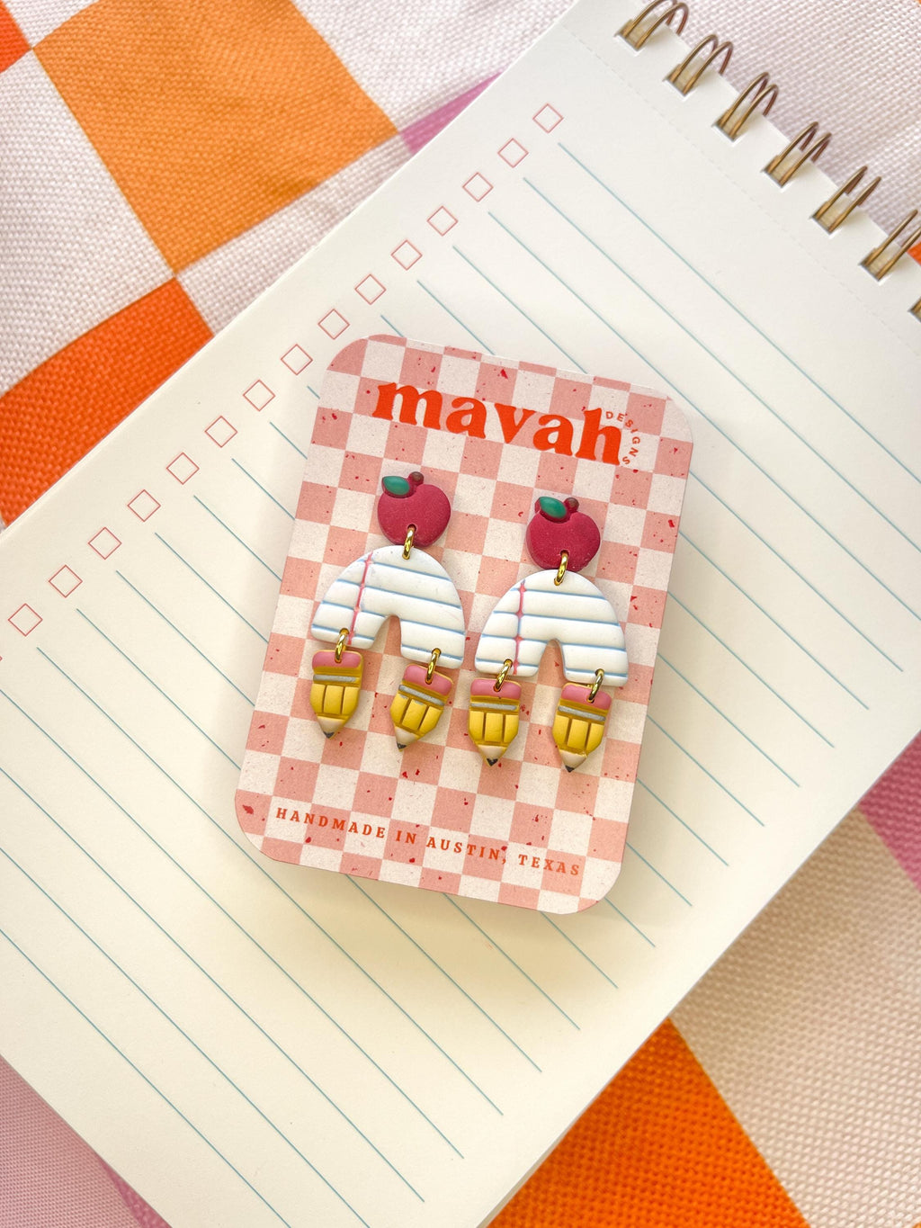 Teacher Earrings: Apple Studs, Notebook Paper, Pencil Dangles