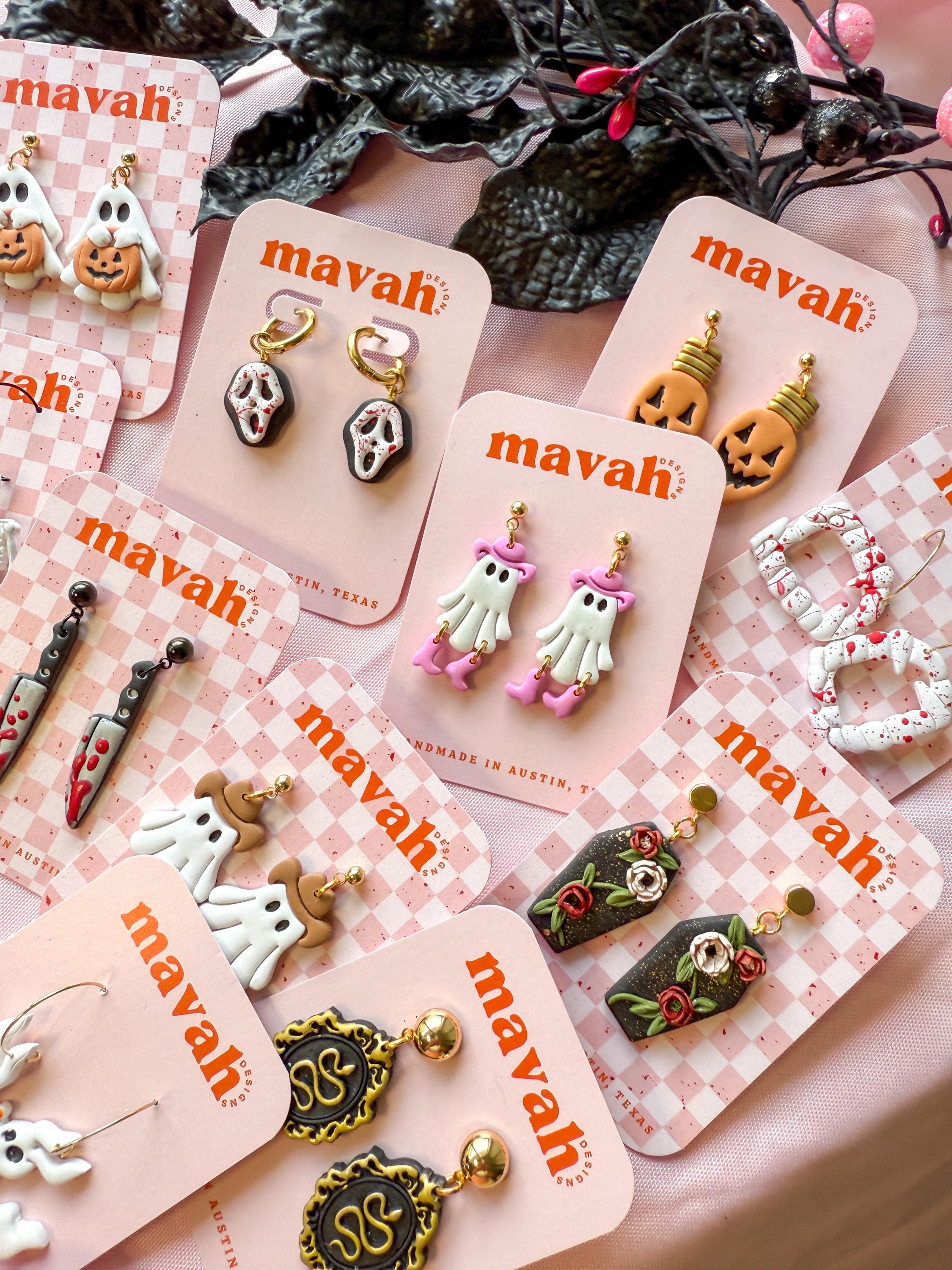 Ghost Earrings – Glitter Cowboy Ghosts, Talavera Mexican Ghosts, Cowboy Ghosts, Trick or Treat Pumpkin Ghosts | Halloween Jewelry