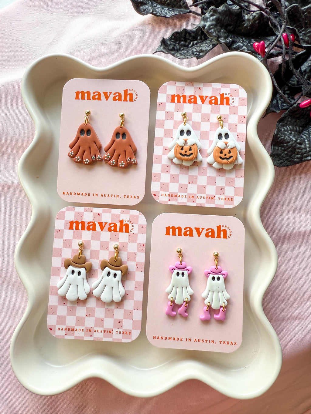 Ghost Earrings – Glitter Cowboy Ghosts, Talavera Mexican Ghosts, Cowboy Ghosts, Trick or Treat Pumpkin Ghosts | Halloween Jewelry