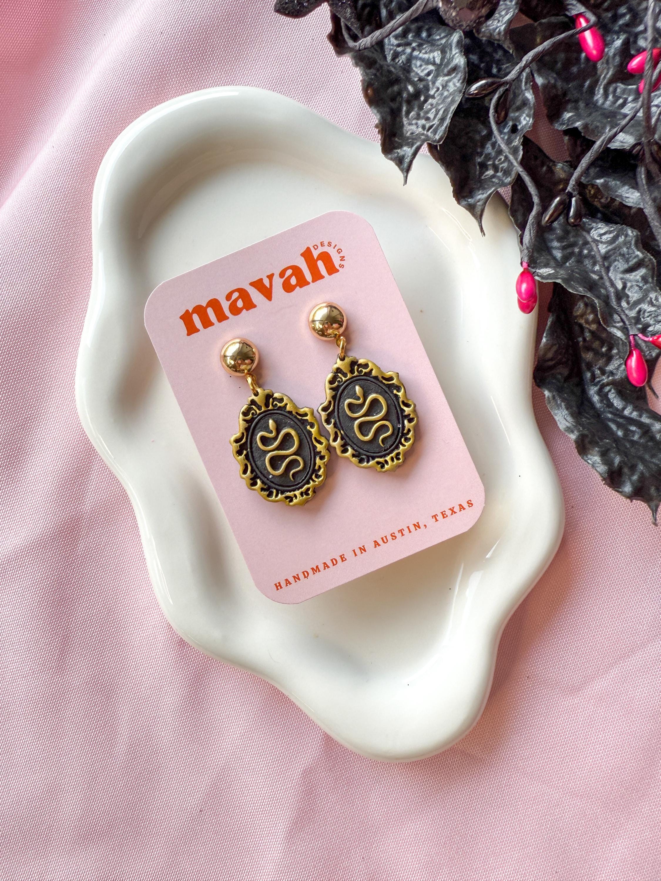 Witchy Halloween Dangle Earrings: Moon Phase, Spiderweb, Snake Cameos
