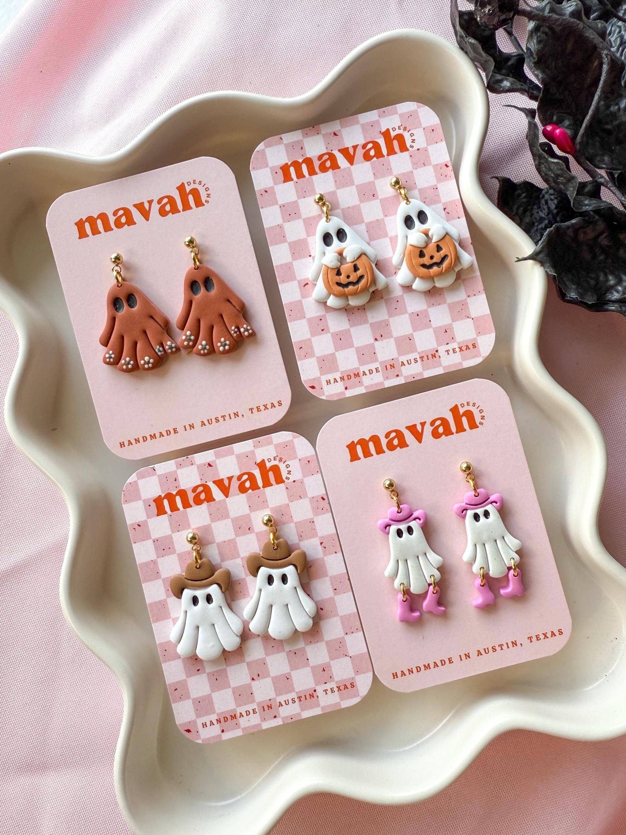 Ghost Earrings – Glitter Cowboy Ghosts, Talavera Mexican Ghosts, Cowboy Ghosts, Trick or Treat Pumpkin Ghosts | Halloween Jewelry