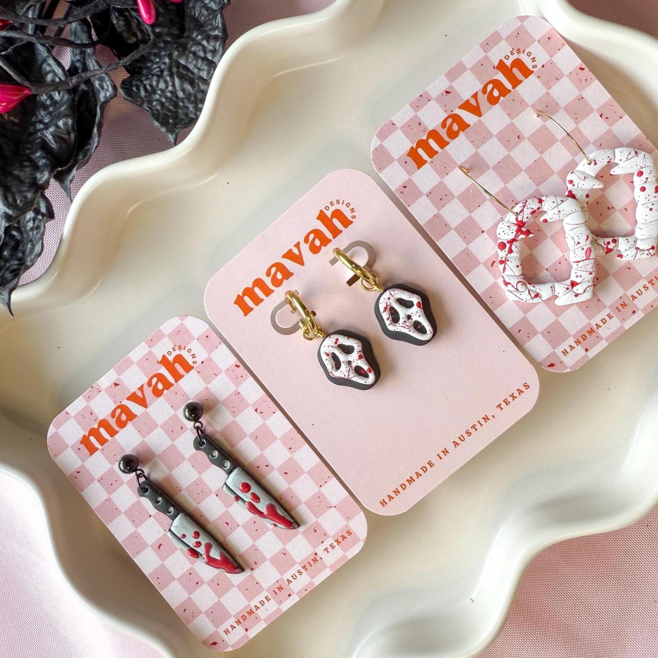Horror Movie Earrings: Ghost Face, Bloody Knife, Vampire Fang - Spooky Halloween Jewelry