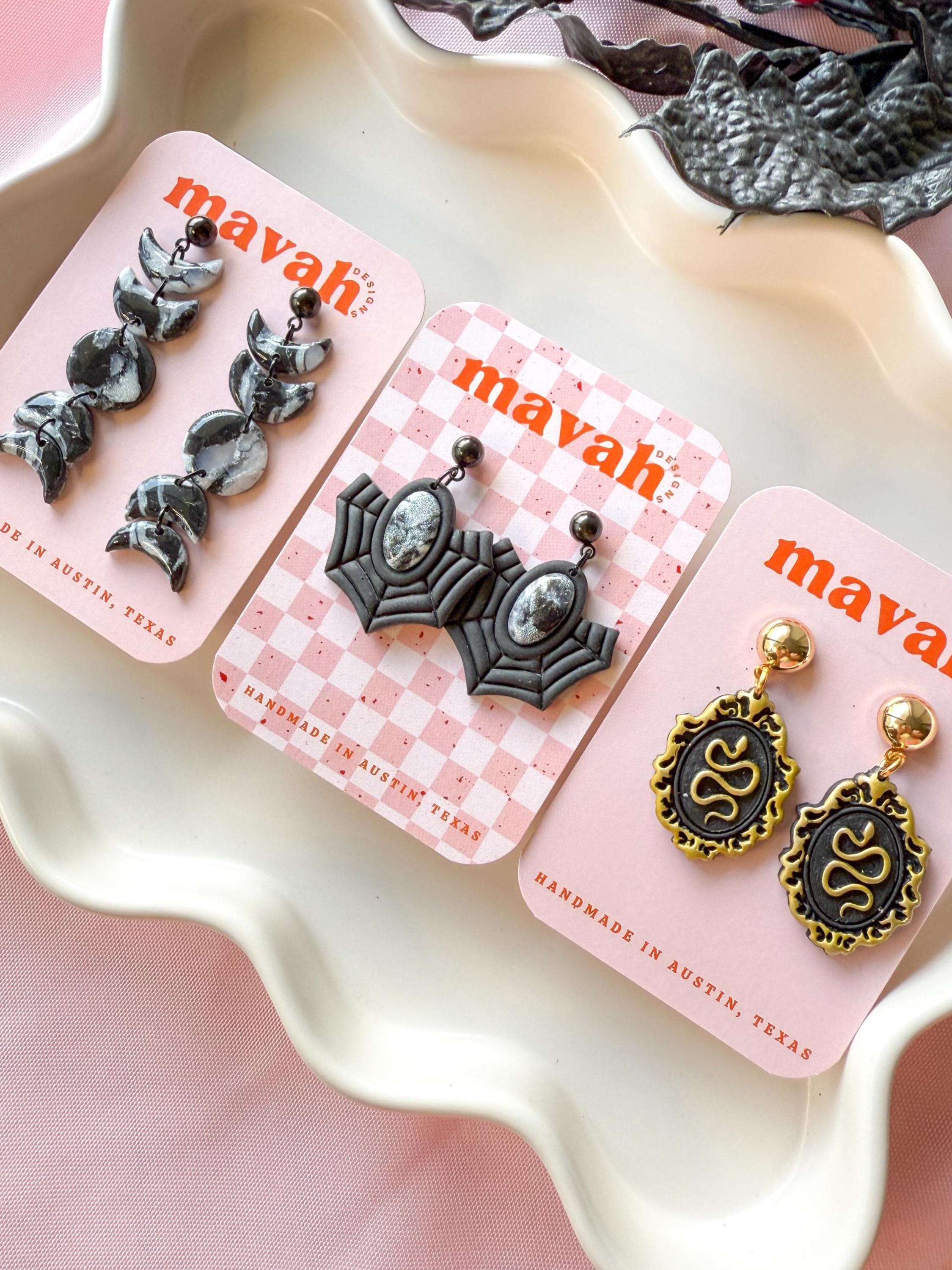 Witchy Halloween Dangle Earrings: Moon Phase, Spiderweb, Snake Cameos