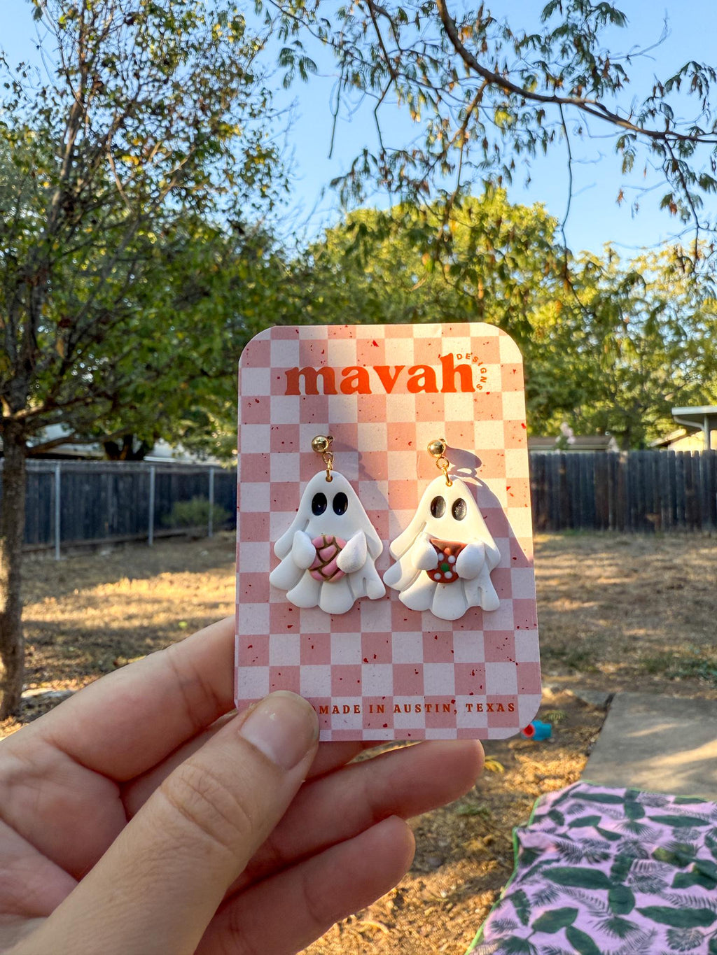Cute Ghost Earrings with Mexican Concha & Coffee – Polymer Clay Halloween Jewelry | Spooky Cute Earrings