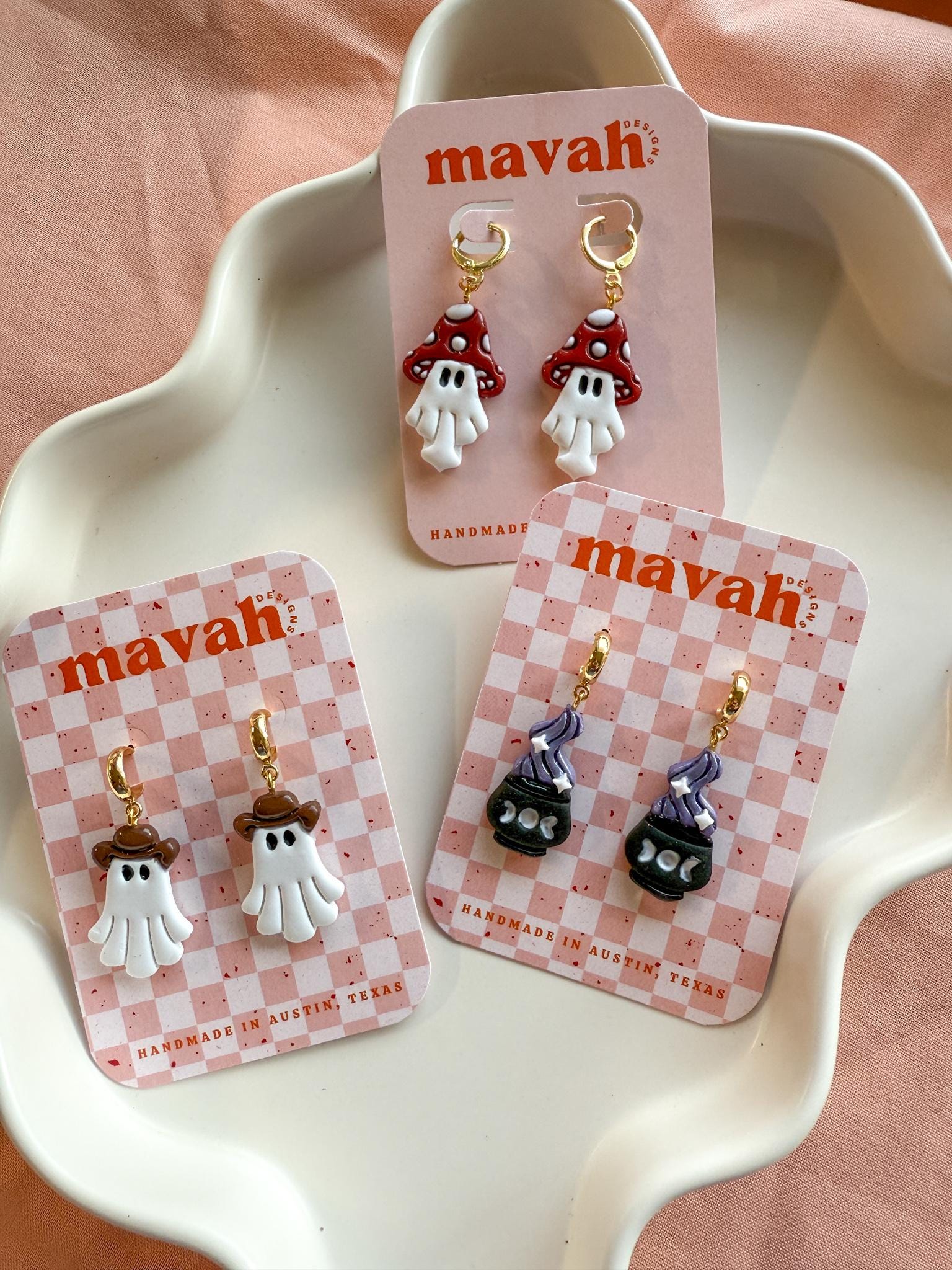 Ghost Earrings – Glitter Cowboy Ghosts, Talavera Mexican Ghosts, Cowboy Ghosts, Trick or Treat Pumpkin Ghosts | Halloween Jewelry