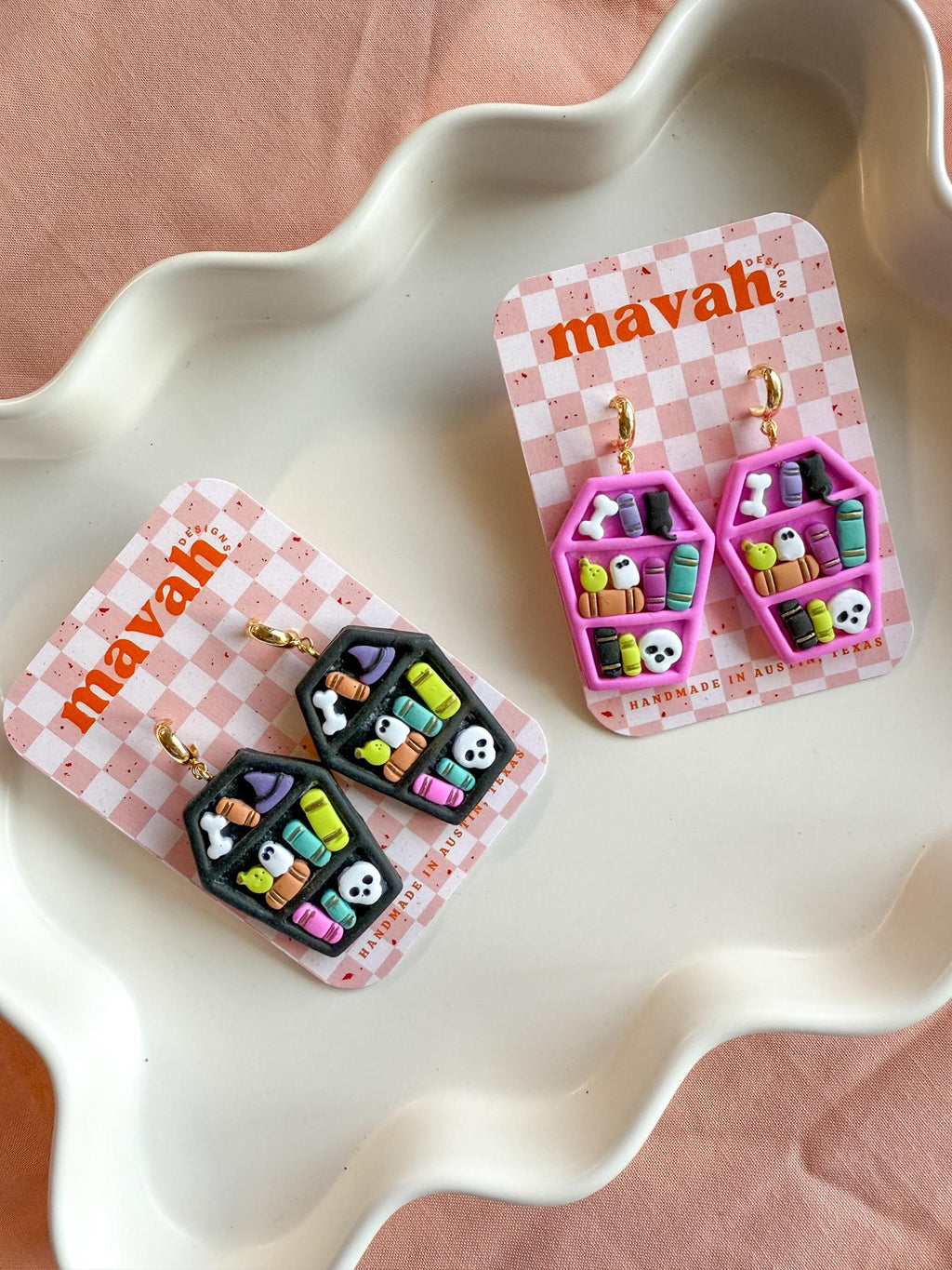 Coffin Bookshelf Earrings – Spooky Cute Halloween Dangles in Pink or Black | Handmade Polymer Clay Jewelry