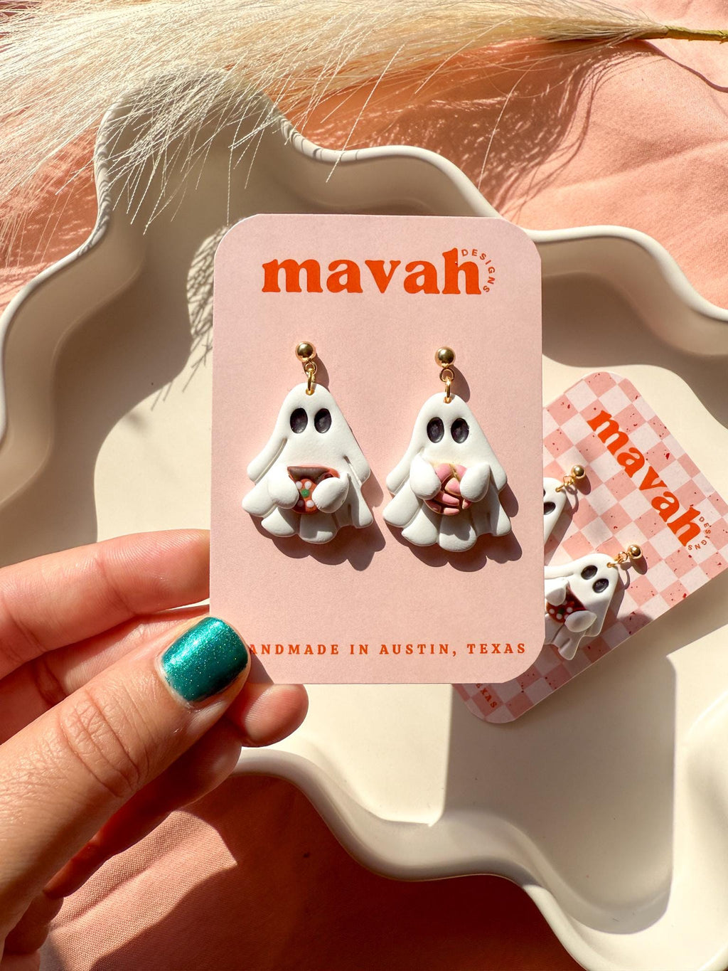 Cute Ghost Earrings with Mexican Concha & Coffee – Polymer Clay Halloween Jewelry | Spooky Cute Earrings