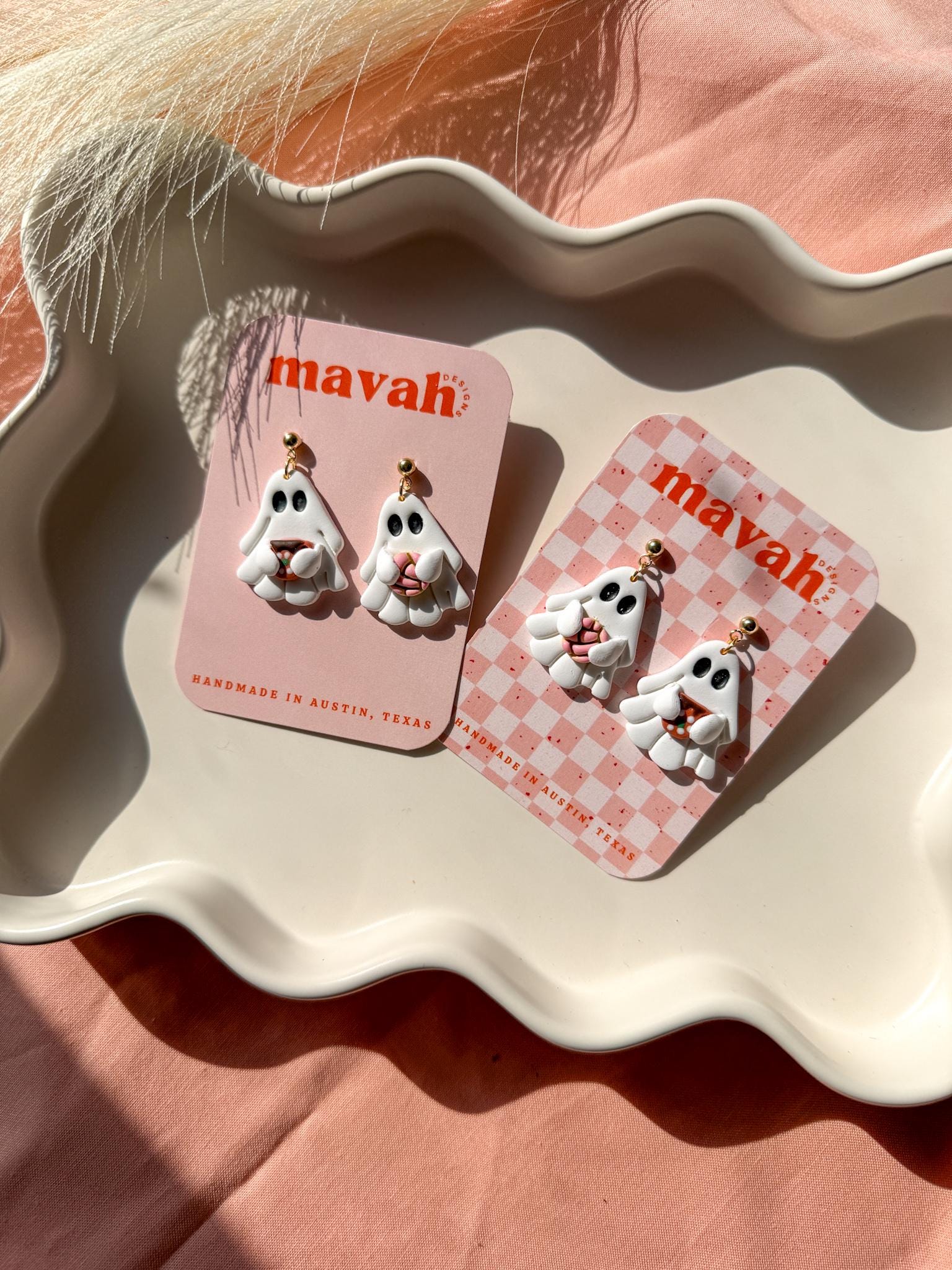 Cute Ghost Earrings with Mexican Concha & Coffee – Polymer Clay Halloween Jewelry | Spooky Cute Earrings