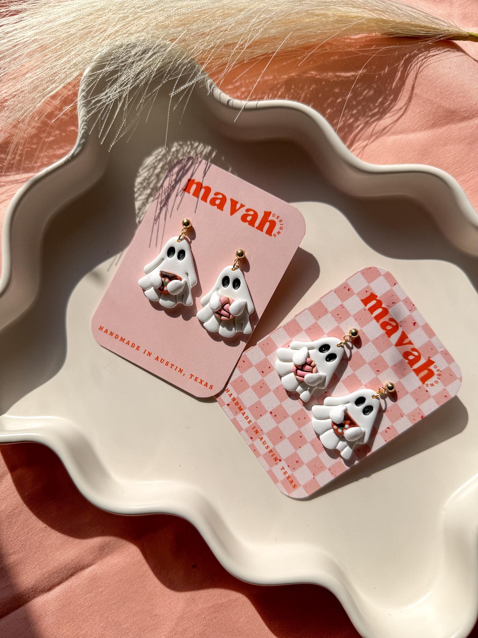 Cute Ghost Earrings with Mexican Concha & Coffee – Polymer Clay Halloween Jewelry | Spooky Cute Earrings