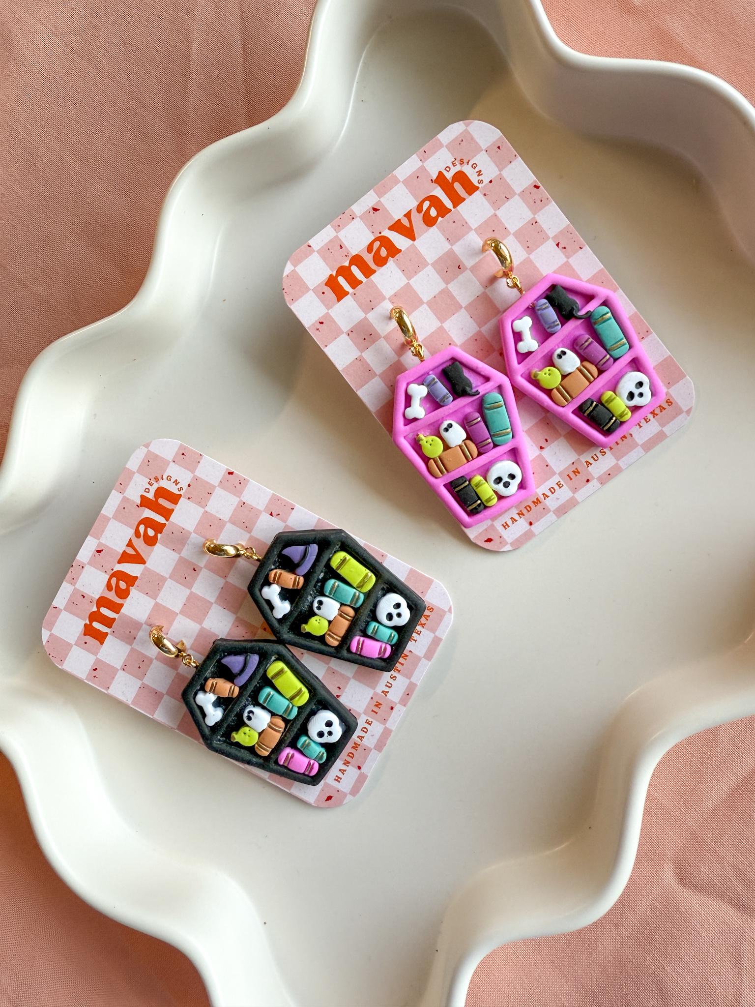 Coffin Bookshelf Earrings – Spooky Cute Halloween Dangles in Pink or Black | Handmade Polymer Clay Jewelry