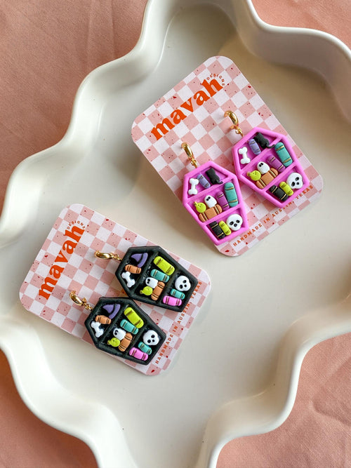 Coffin Bookshelf Earrings – Spooky Cute Halloween Dangles in Pink or Black | Handmade Polymer Clay Jewelry