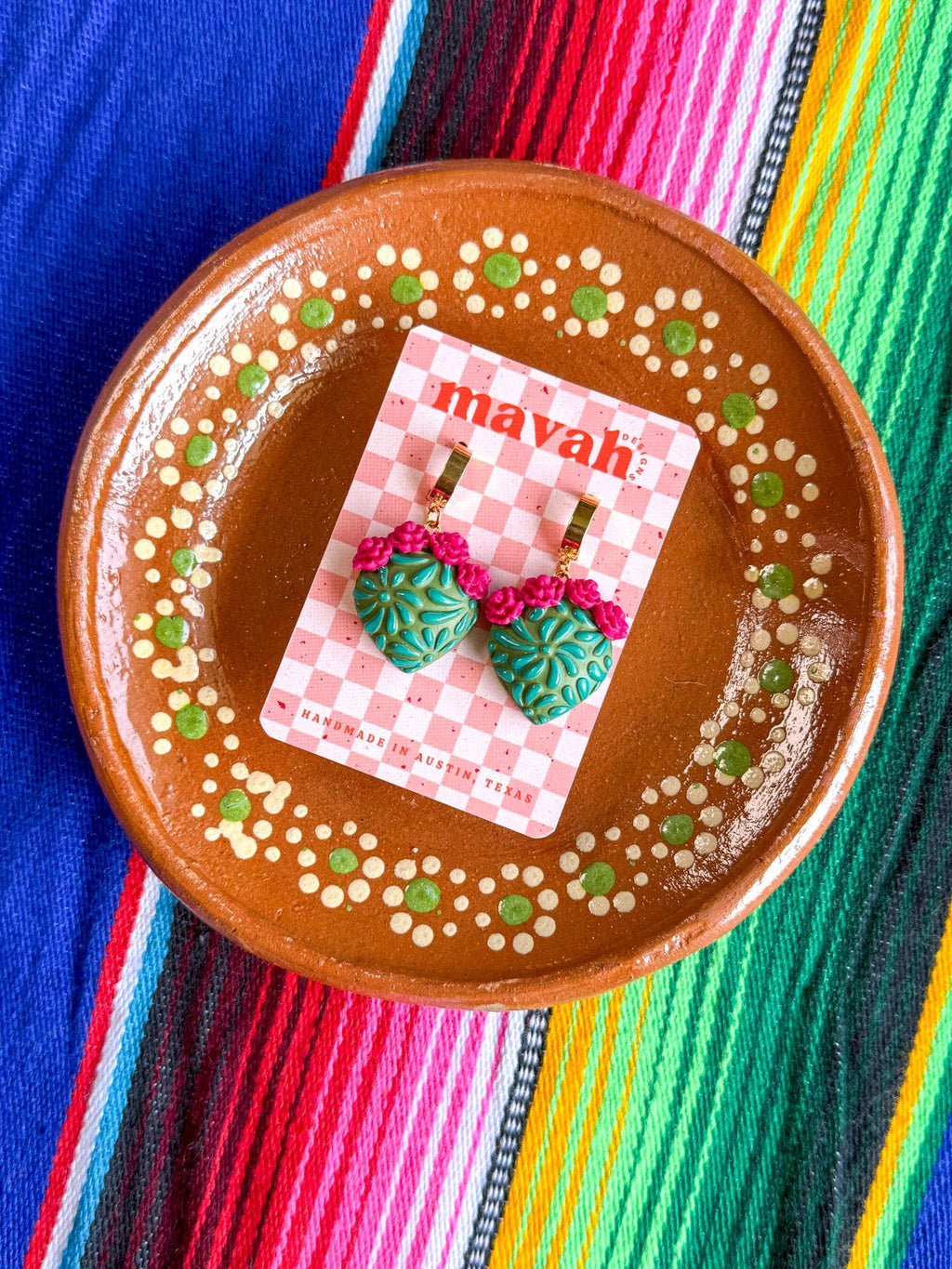 Talavera Cactus Earrings, Mexican Nopal Earrings, Mexican Folk Art Jewelry, Colorful Clay Earrings