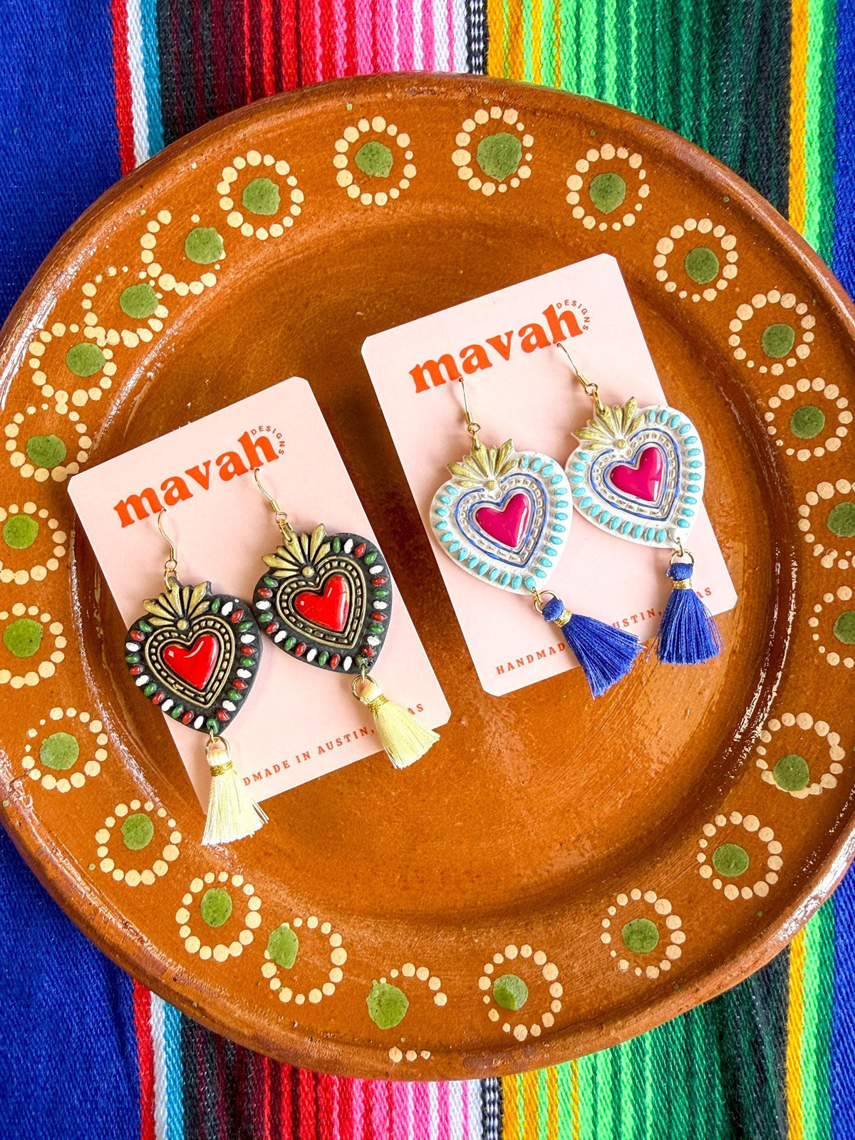 Mexican Milagro Heart Earrings, Sacred Heart Tassel Earrings, Mexican Folk Art Jewelry, Colorful Earrings