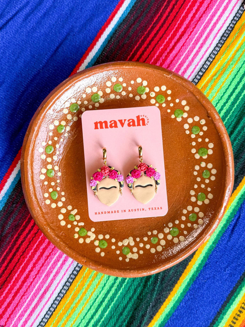 Mexican Friday Floral Crown Earrings, Folk Art Portrait Earrings, Colorful Mexican Earrings, Statement Clay Earrings